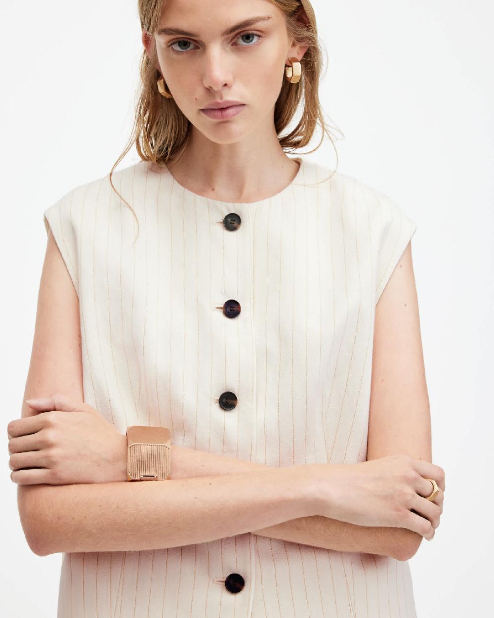 All Saints Payton Pinstripe Linen Blend Vest Ivory White