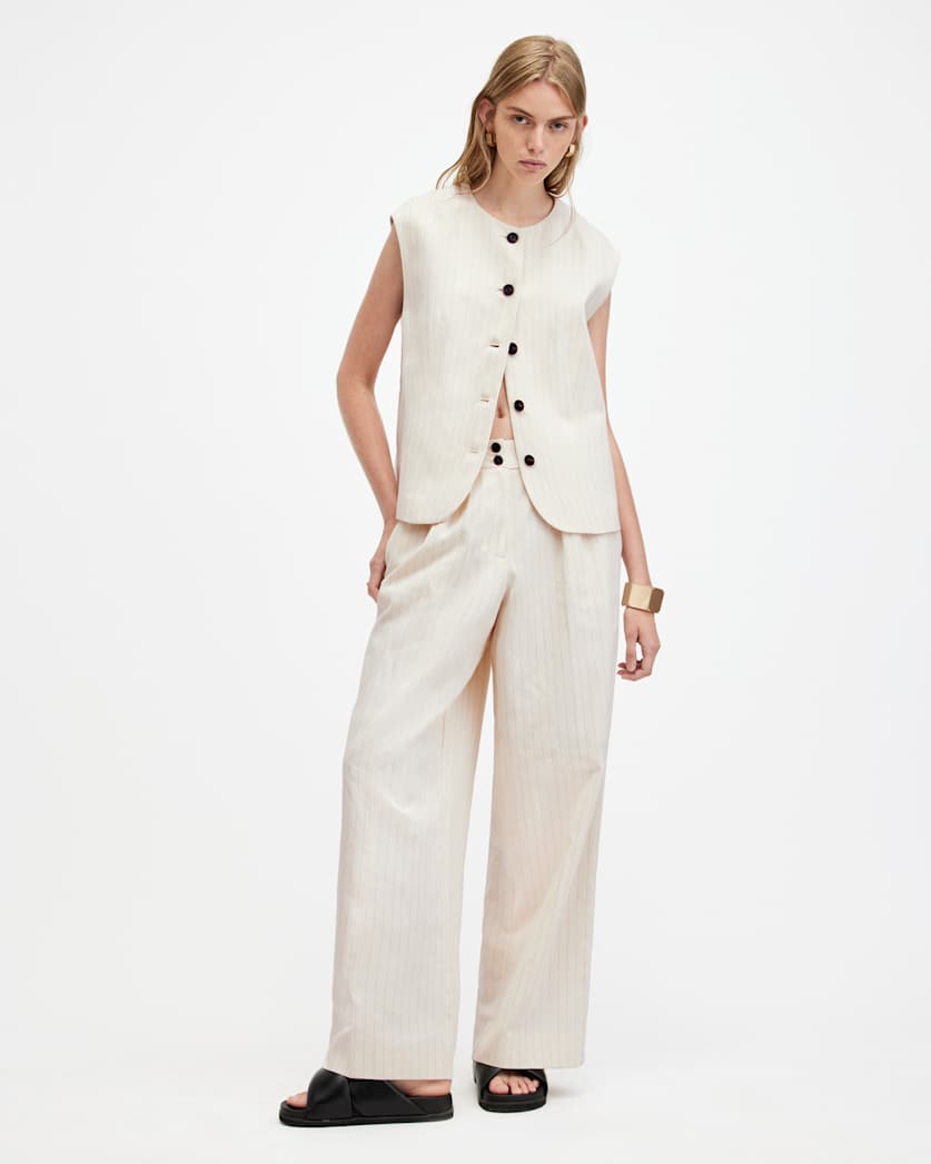 all saints Payton Pinstripe Linen Blend Vest Ivory White