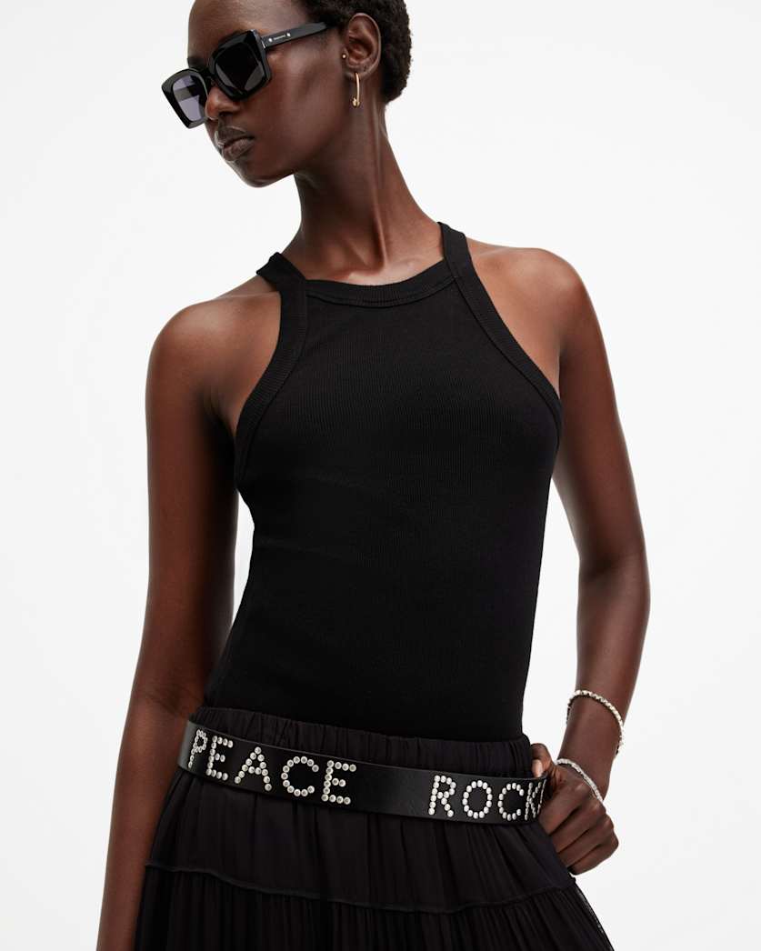all saints Peace Rocks Studded Leather Belt BLACK/ANTQ NICKEL