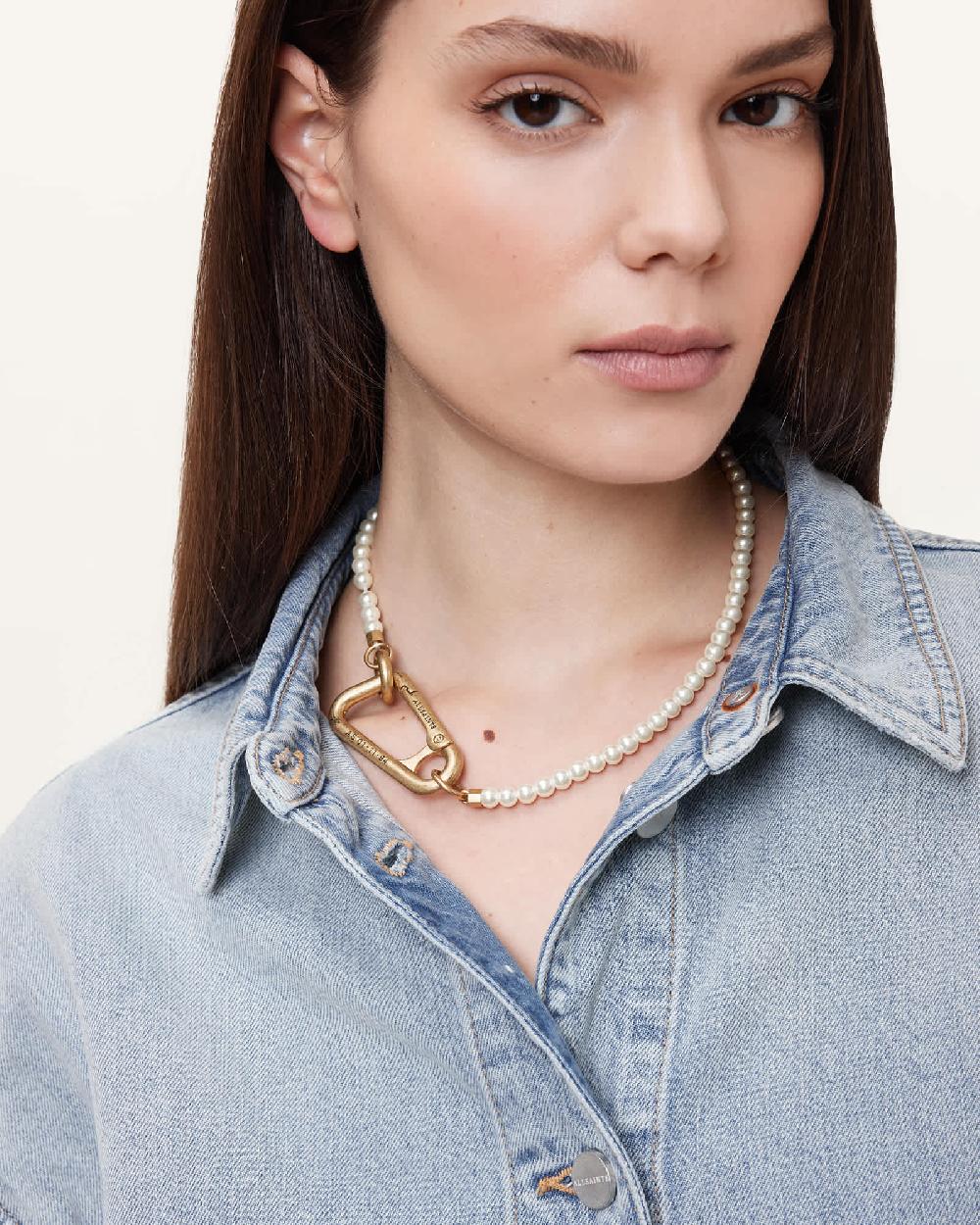 All Saints Pearl Carabiner Clasp Necklace WARM BRASS/WHITE