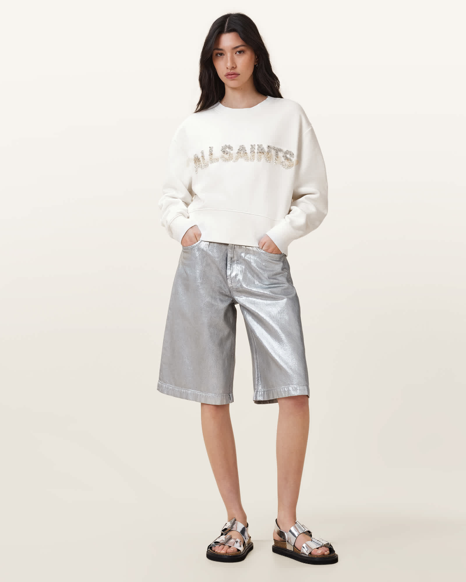 All Saints Pearl Separo Sequin Sweatshirt Optic White