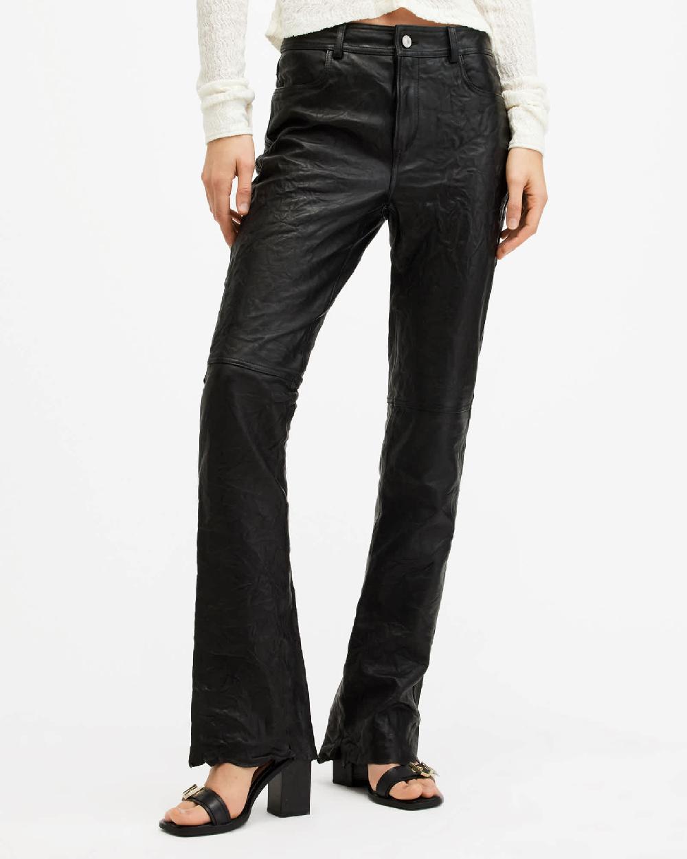 All Saints Pearson Slim Fit Raw Hem Leather Pants Black