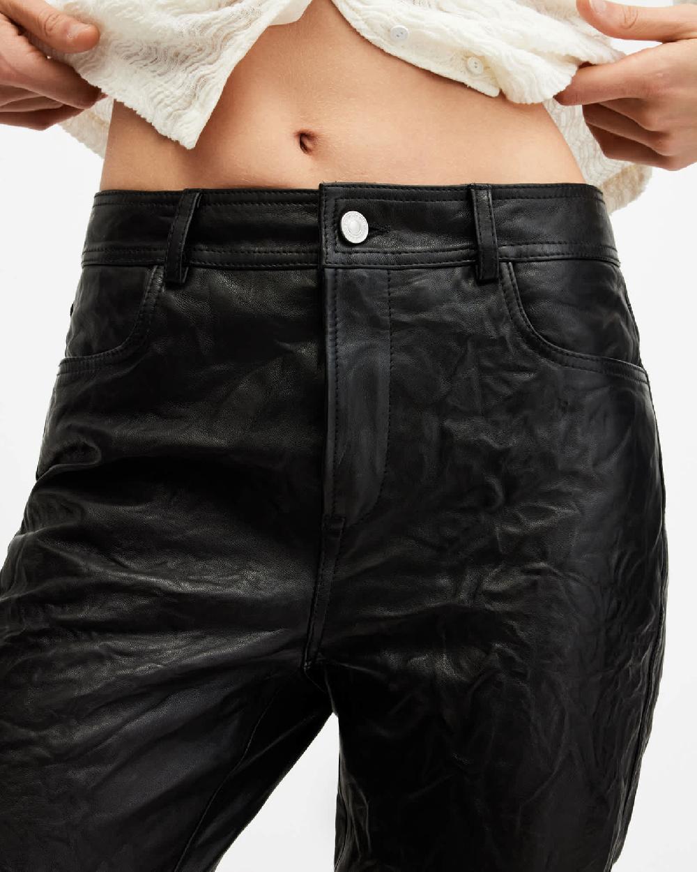 All Saints Pearson Slim Fit Raw Hem Leather Pants Black