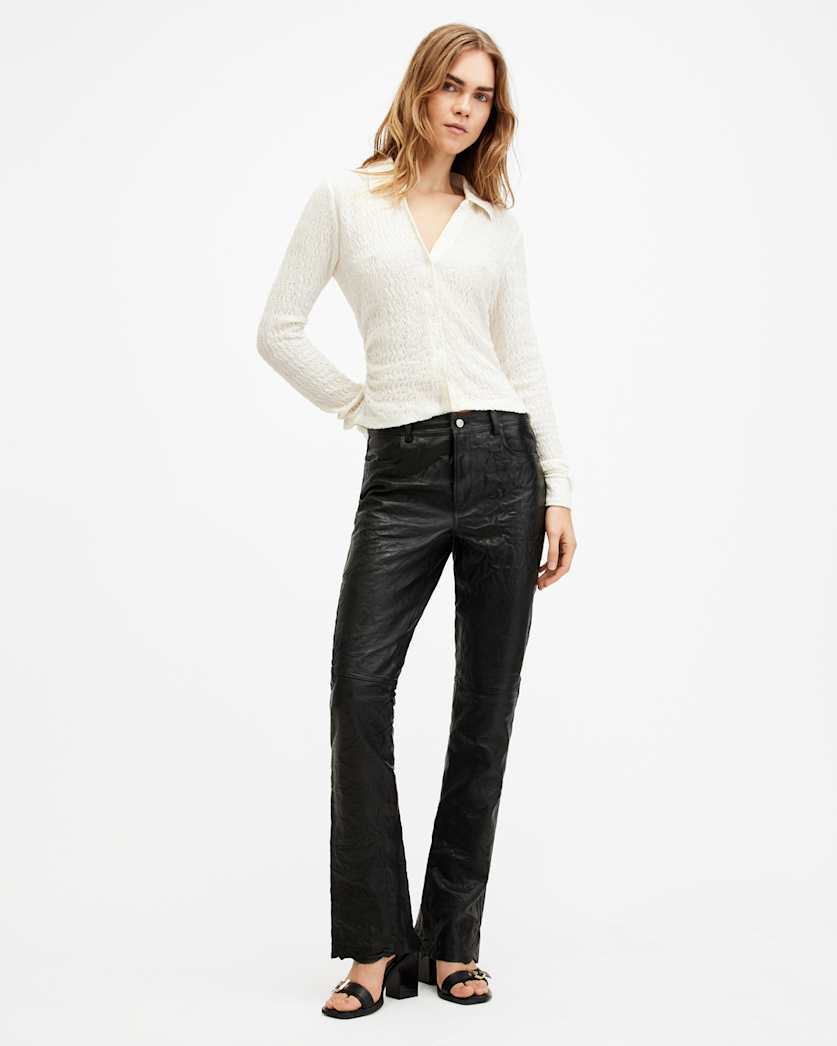 all saints Pearson Slim Fit Raw Hem Leather Pants Black