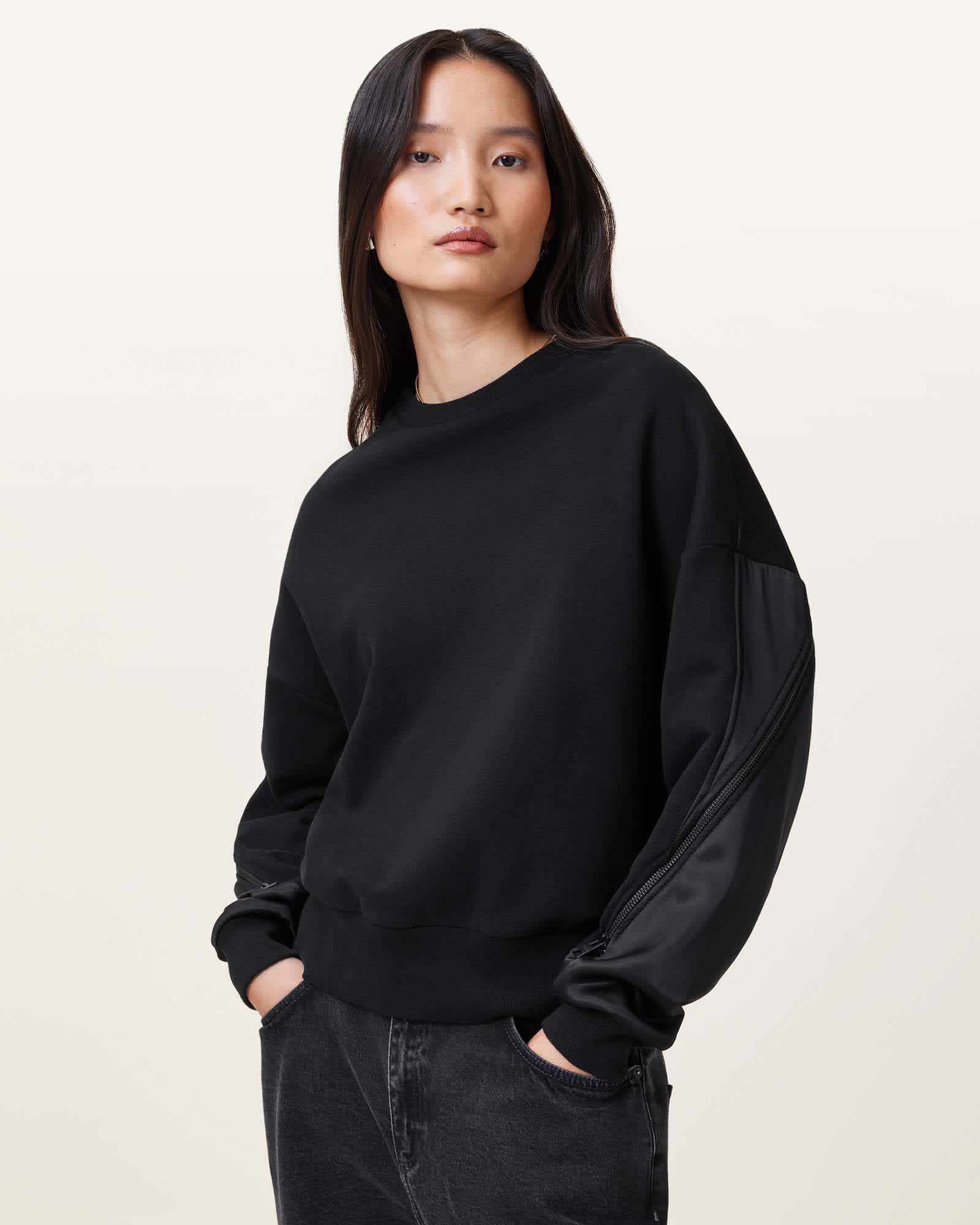 All Saints Peggy Zip Sleeve Relaxed Fit Sweatshirt Black