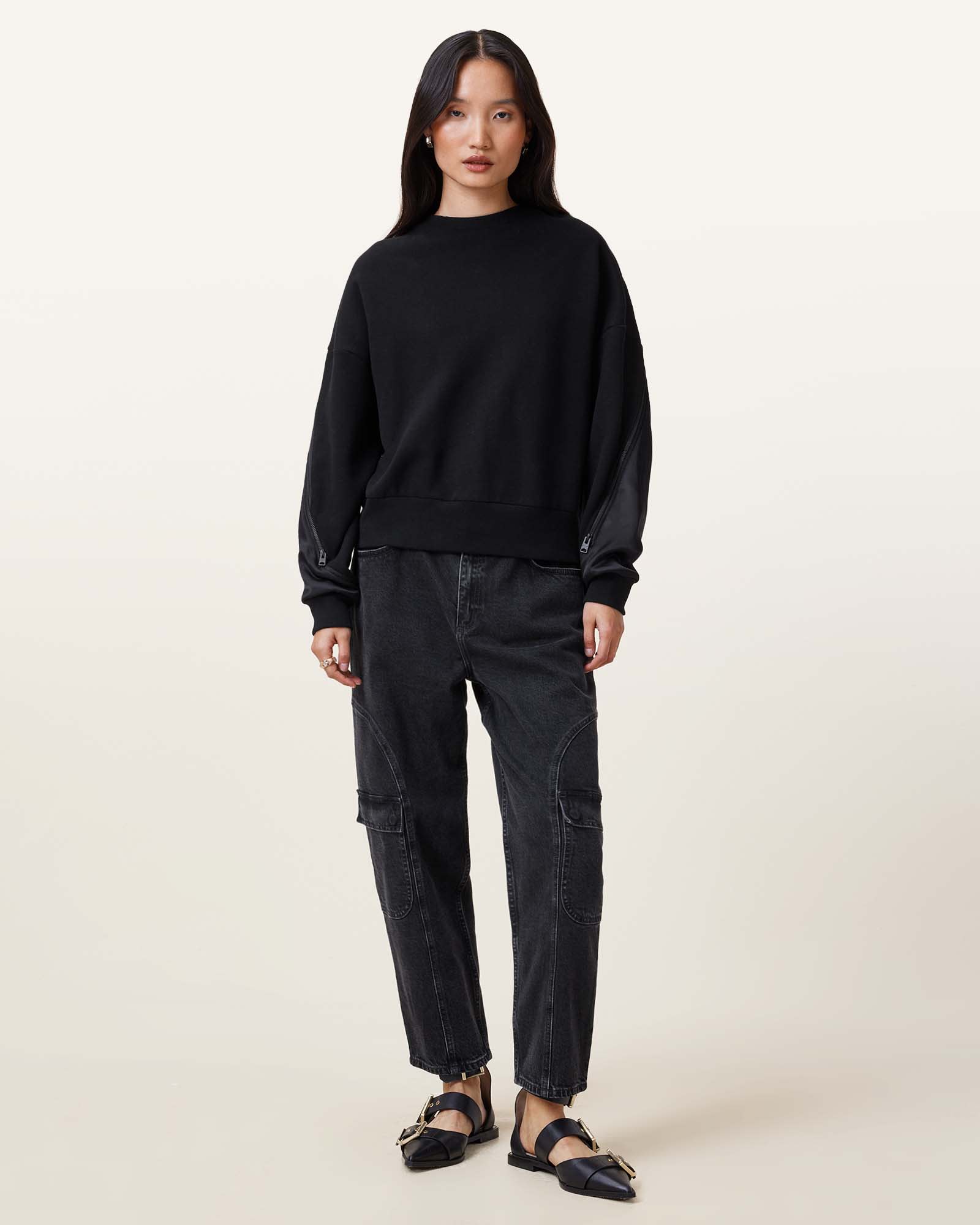 All Saints Peggy Zip Sleeve Relaxed Fit Sweatshirt Black