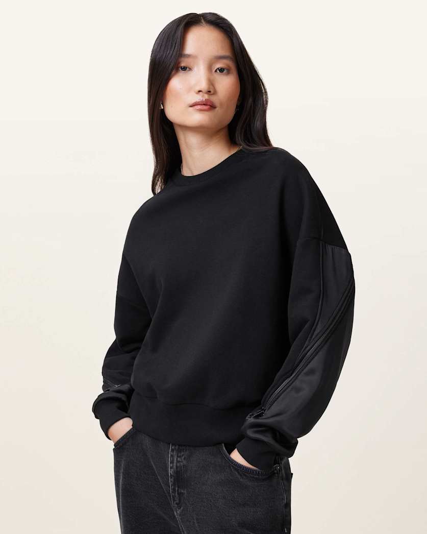 all saints Peggy Zip Sleeve Relaxed Fit Sweatshirt Black