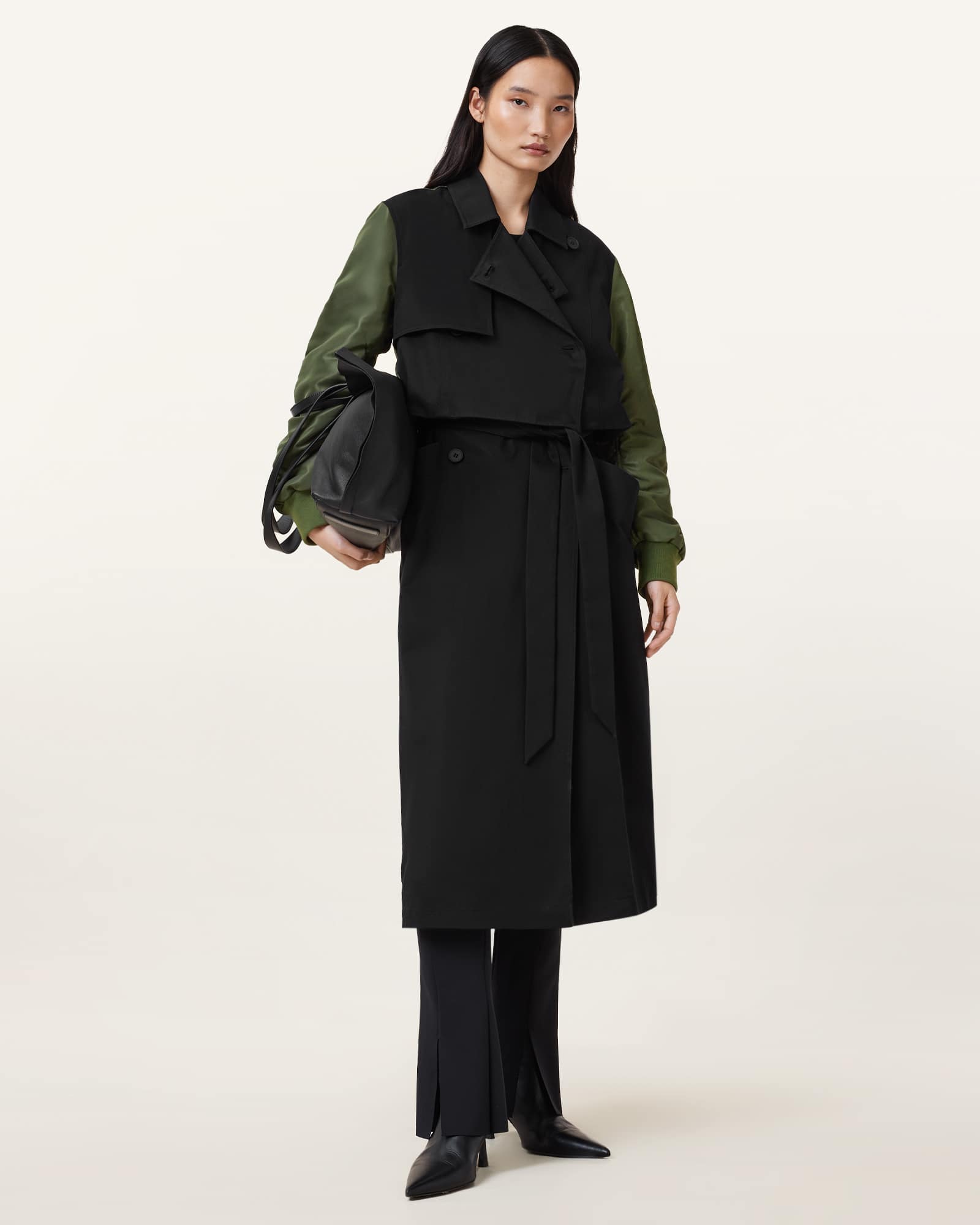 All Saints Penni 2-in-1 Trench Bomber Jacket KHAKI GREEN/BLACK