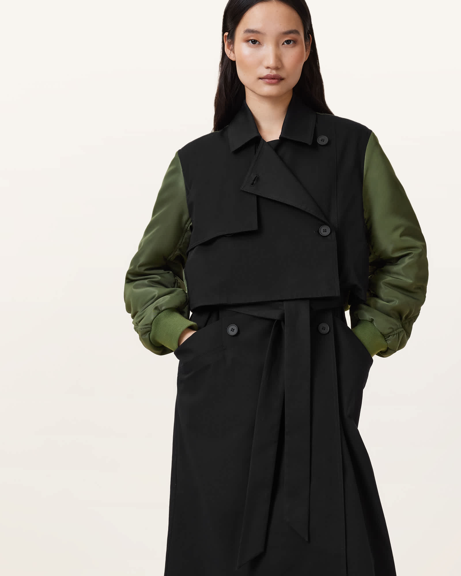 All Saints Penni 2-in-1 Trench Bomber Jacket KHAKI GREEN/BLACK