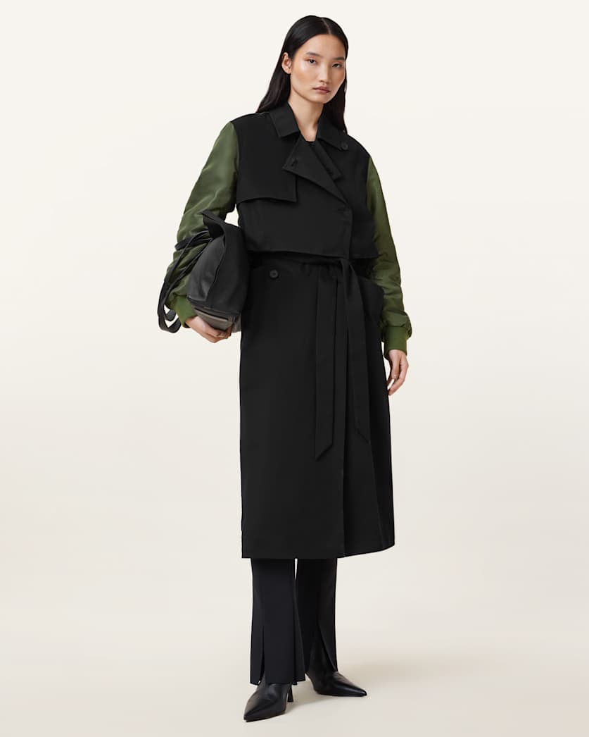 all saints Penni 2-in-1 Trench Bomber Jacket KHAKI GREEN/BLACK