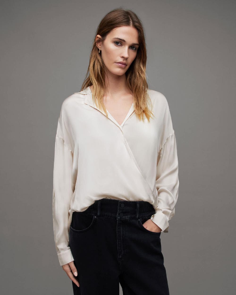 All Saints Penny Wrap Over Deep V-Neck Shirt Oyster White