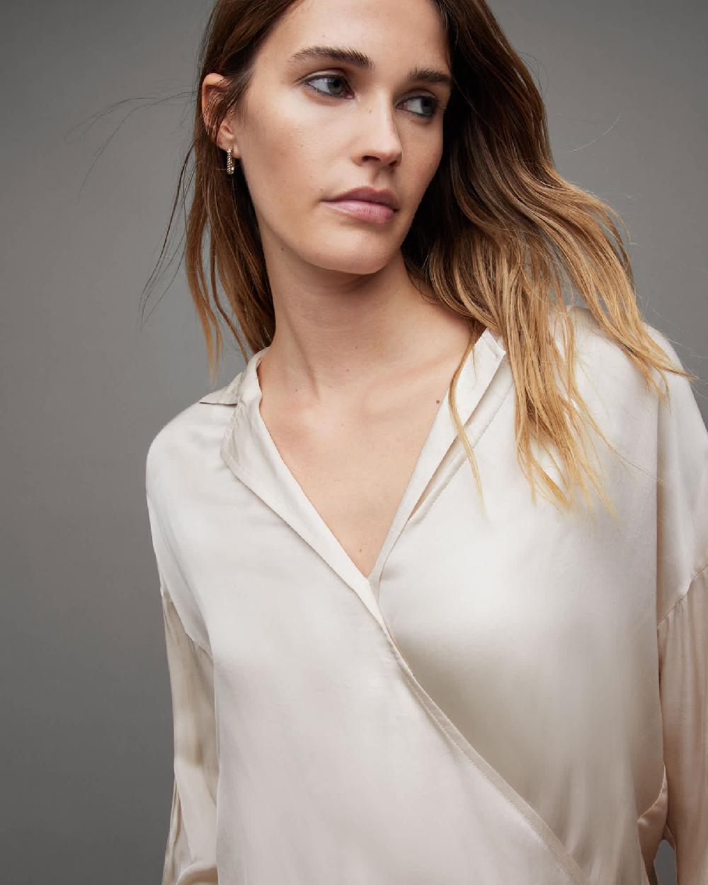 All Saints Penny Wrap Over Deep V-Neck Shirt Oyster White