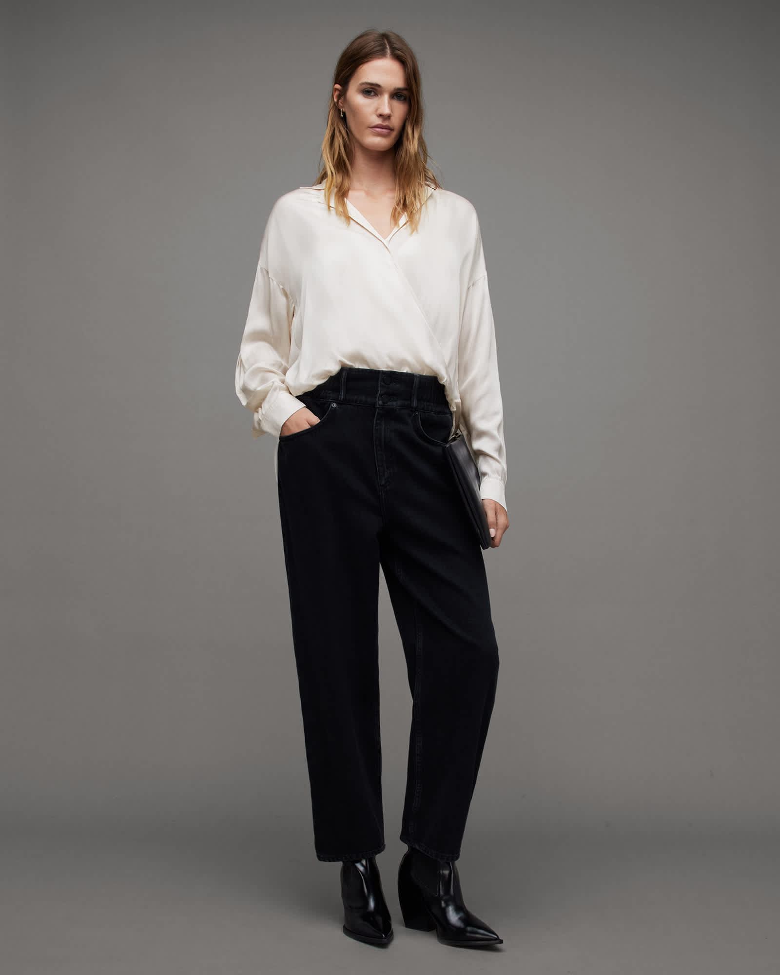 All Saints Penny Wrap Over Deep V-Neck Shirt Oyster White