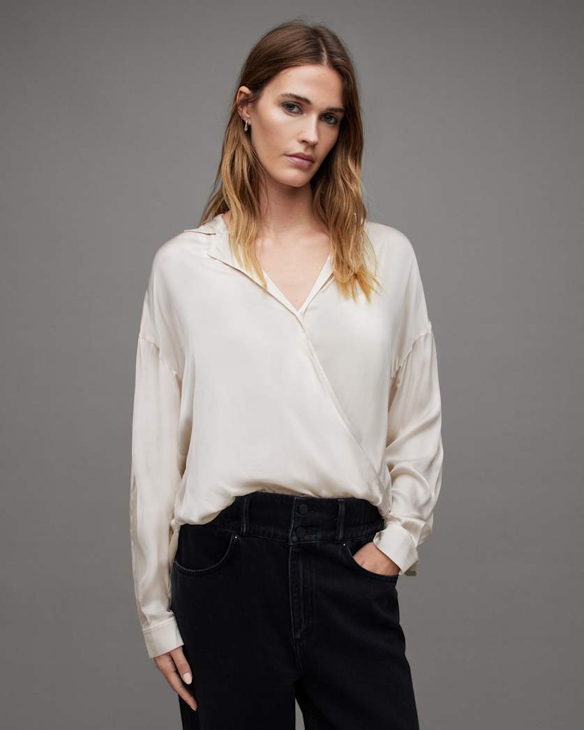all saints Penny Wrap Over Deep V-Neck Shirt Oyster White