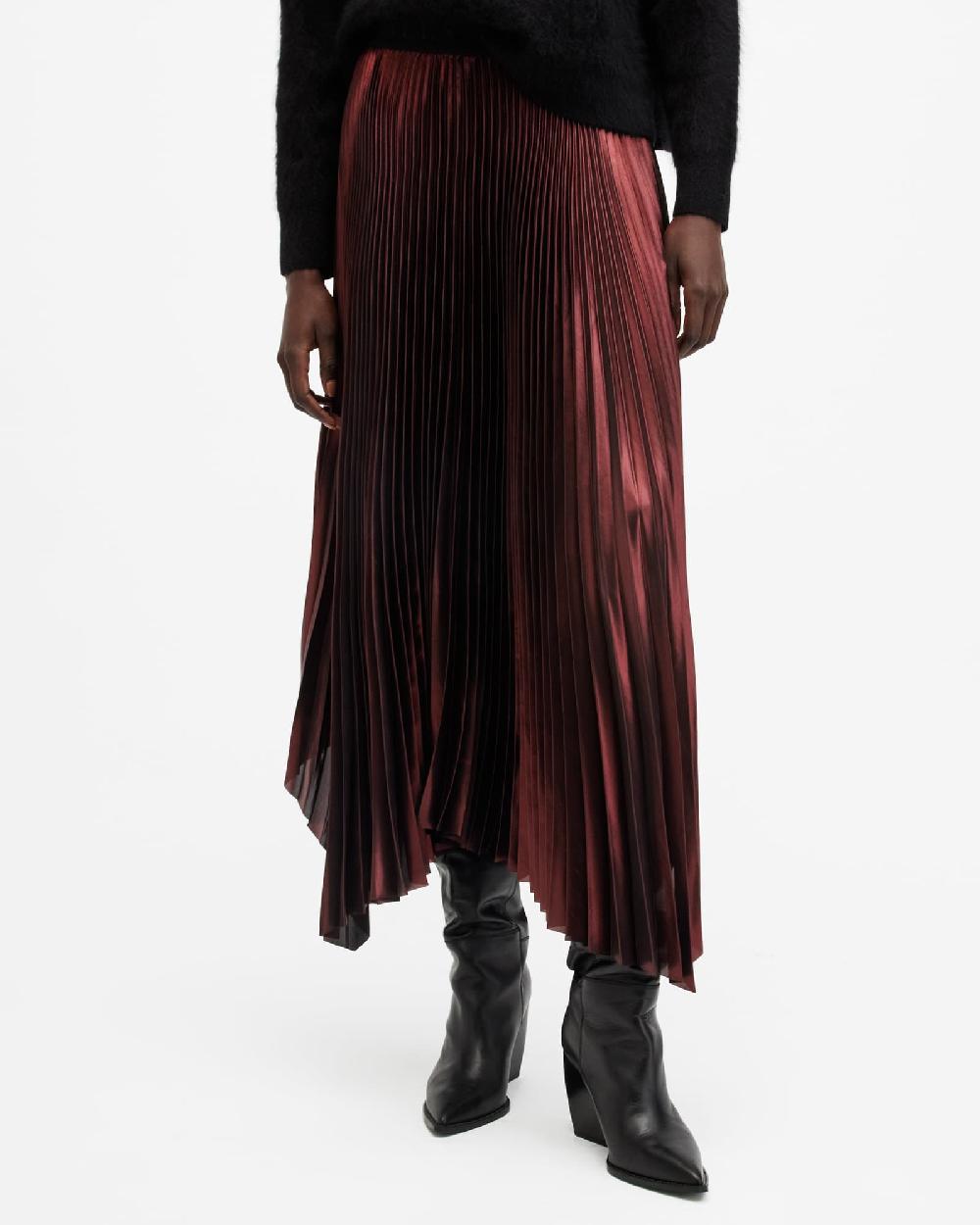 All Saints Phia Metallic Asymmetric Maxi Skirt Metallic Red