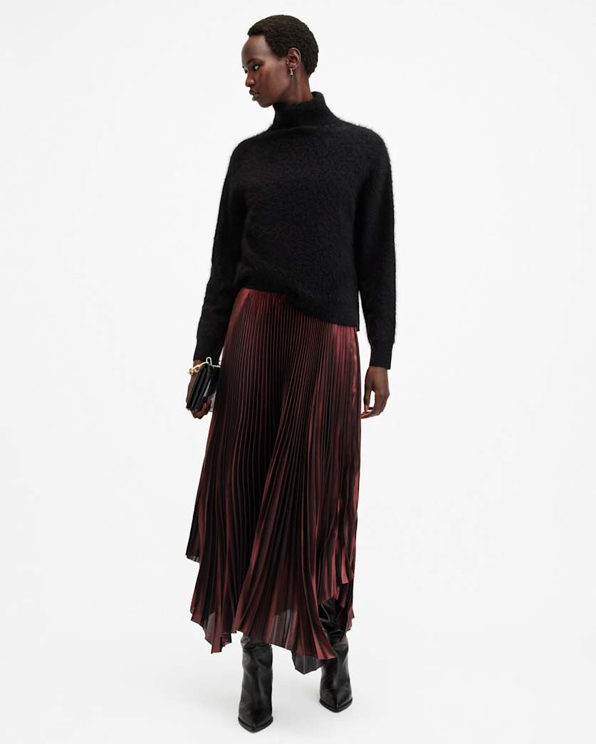 all saints Phia Metallic Asymmetric Maxi Skirt Metallic Red