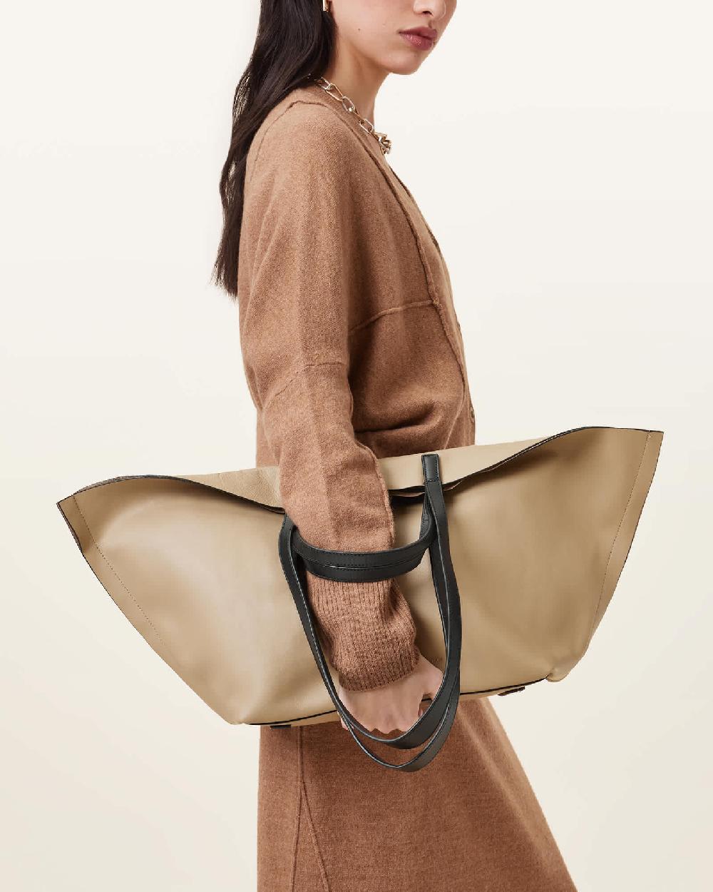 All Saints Phoenix Spacious Leather Tote Bag Mink Brown