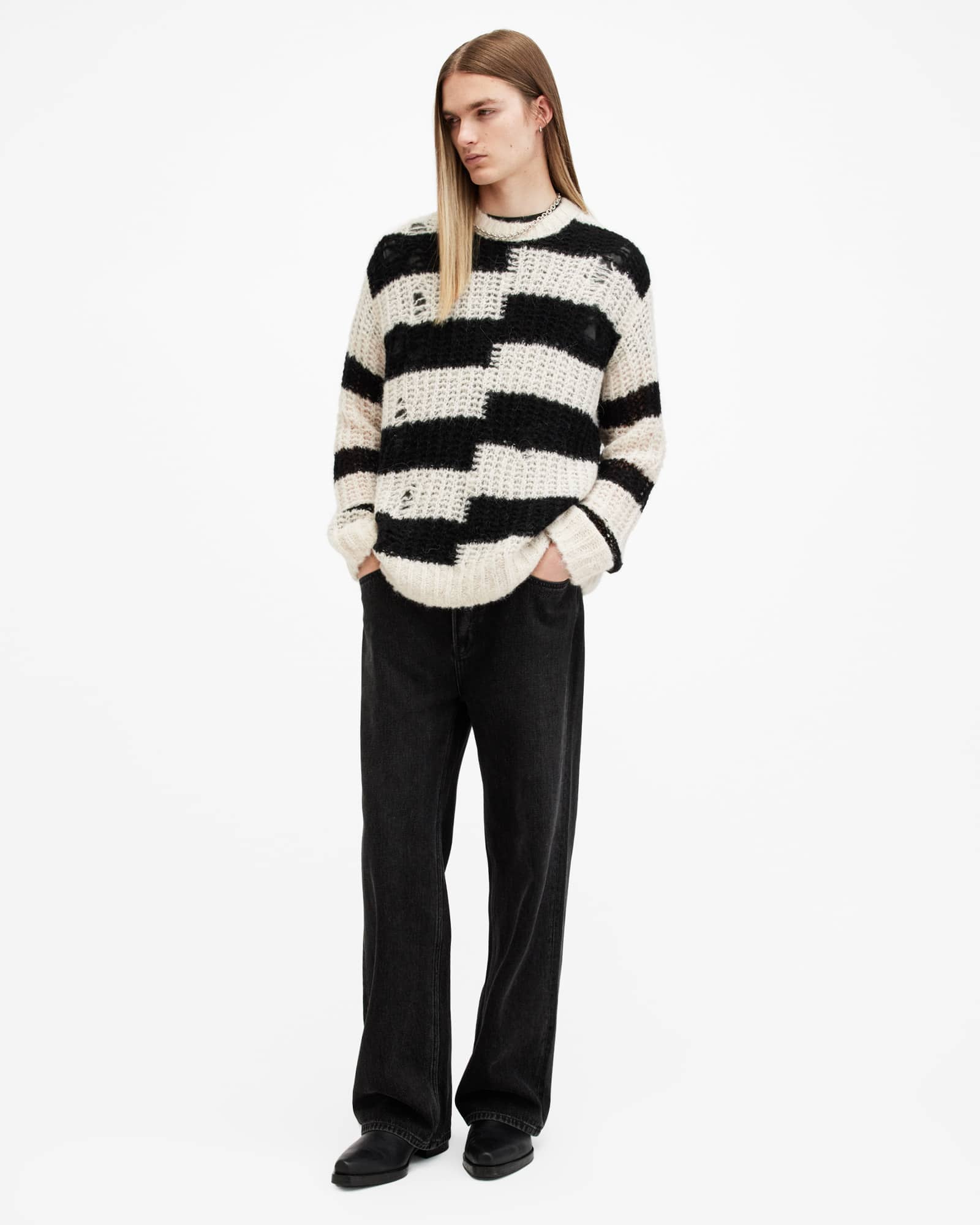 All Saints Pip Striped Oversized Sweater Ecru White
