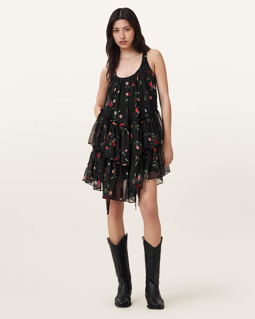 all saints Rach Floral Print Mini Dress Briar Black