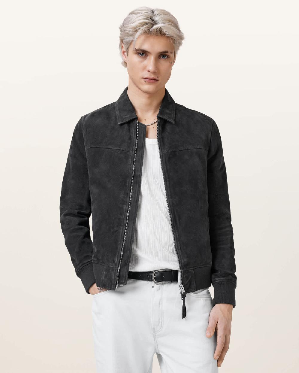All Saints Rashford Suede Ribbed Trim Jacket Soot Grey