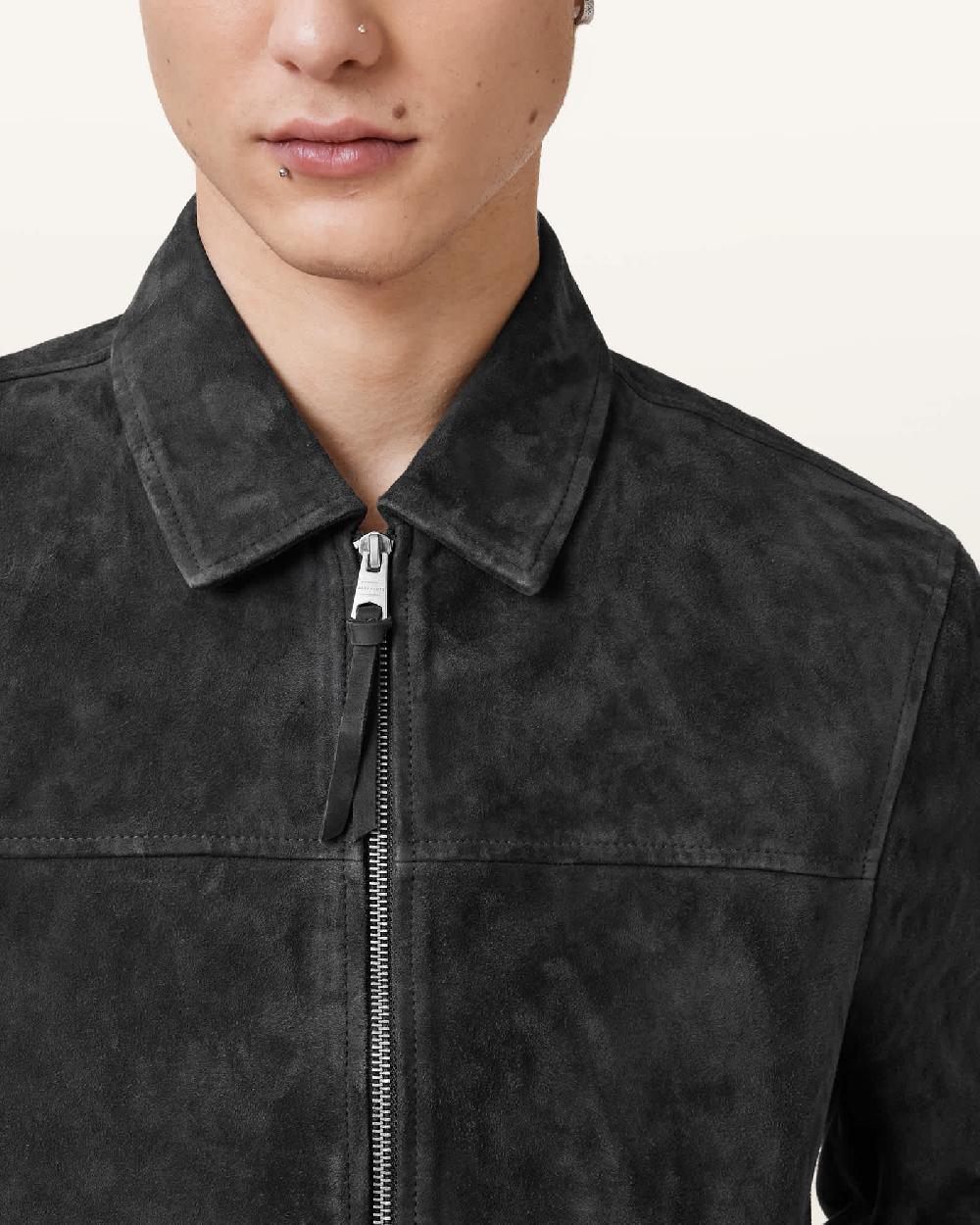 All Saints Rashford Suede Ribbed Trim Jacket Soot Grey