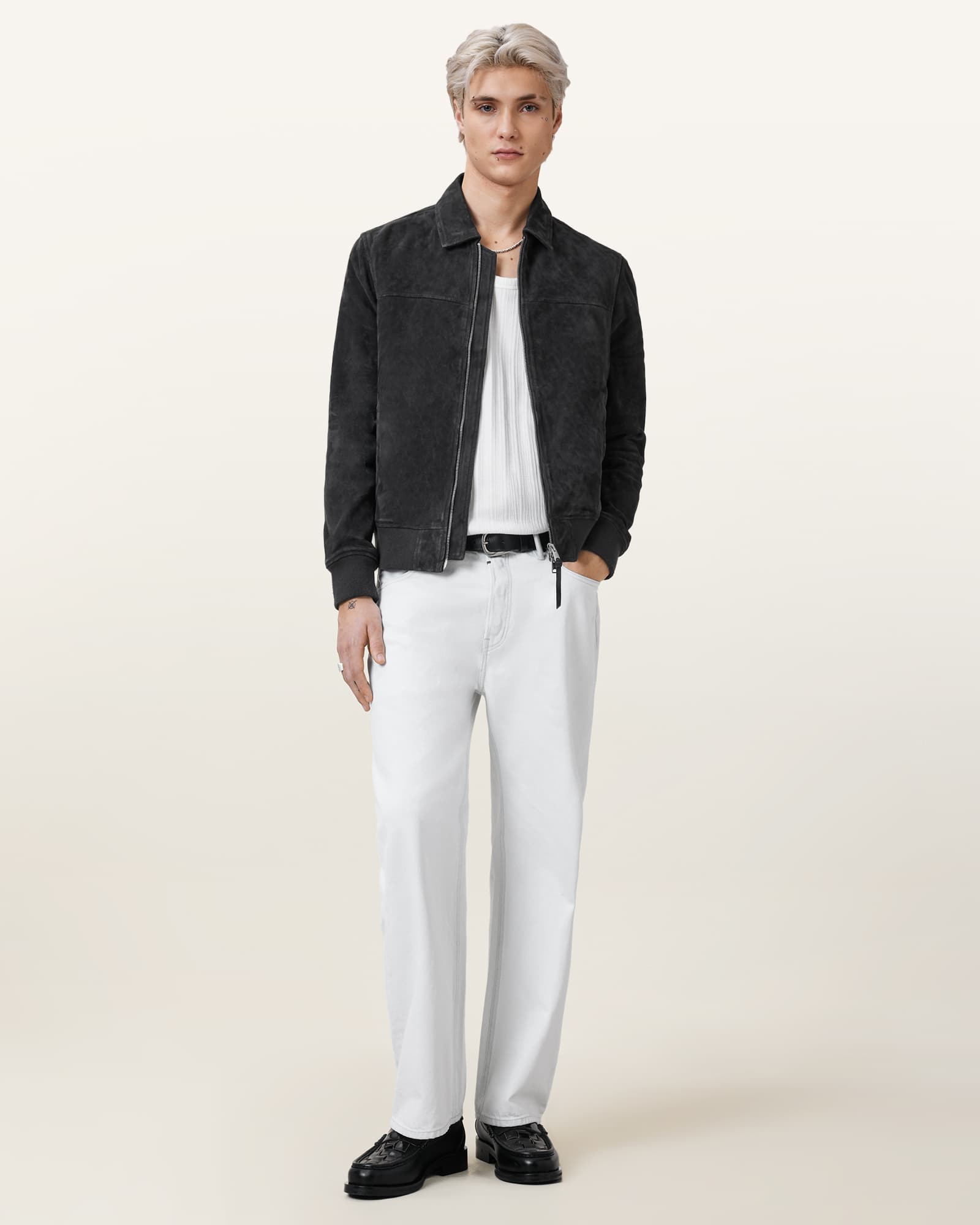 All Saints Rashford Suede Ribbed Trim Jacket Soot Grey