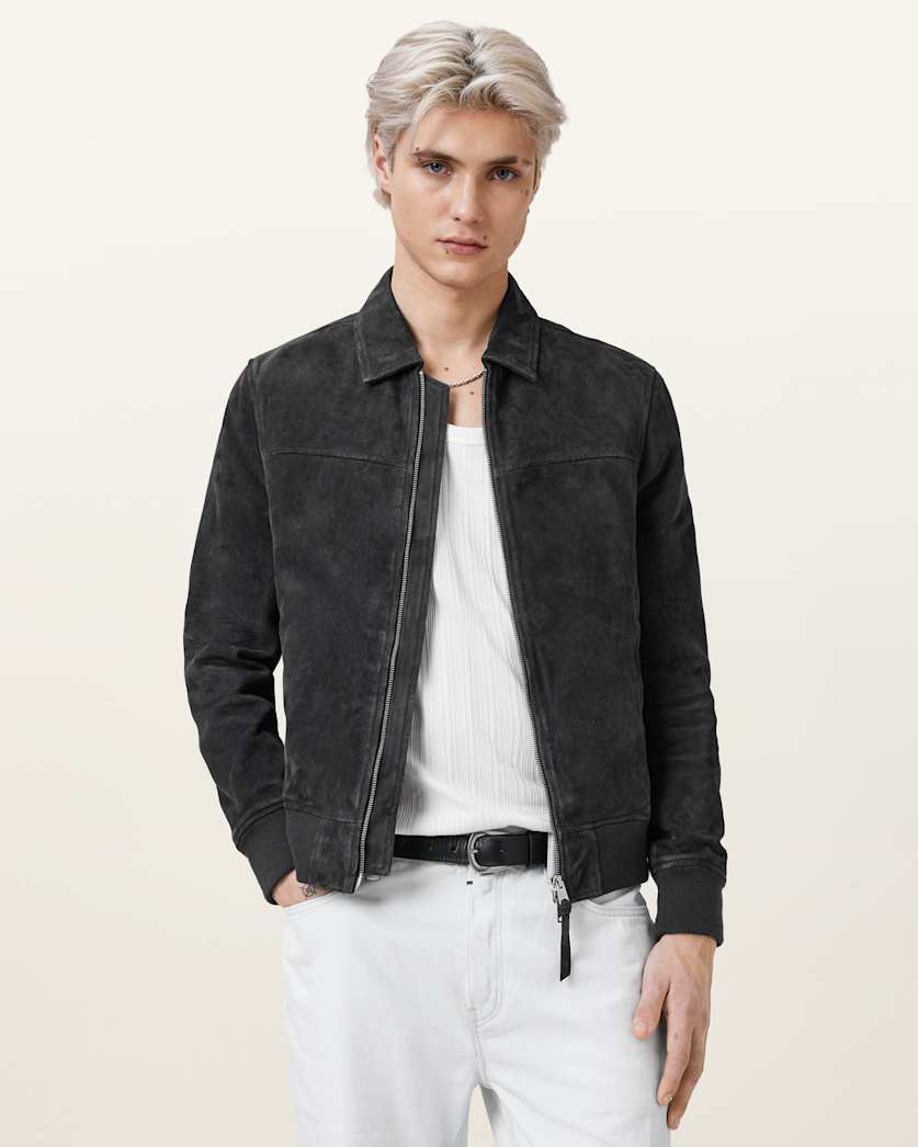 all saints Rashford Suede Ribbed Trim Jacket Soot Grey