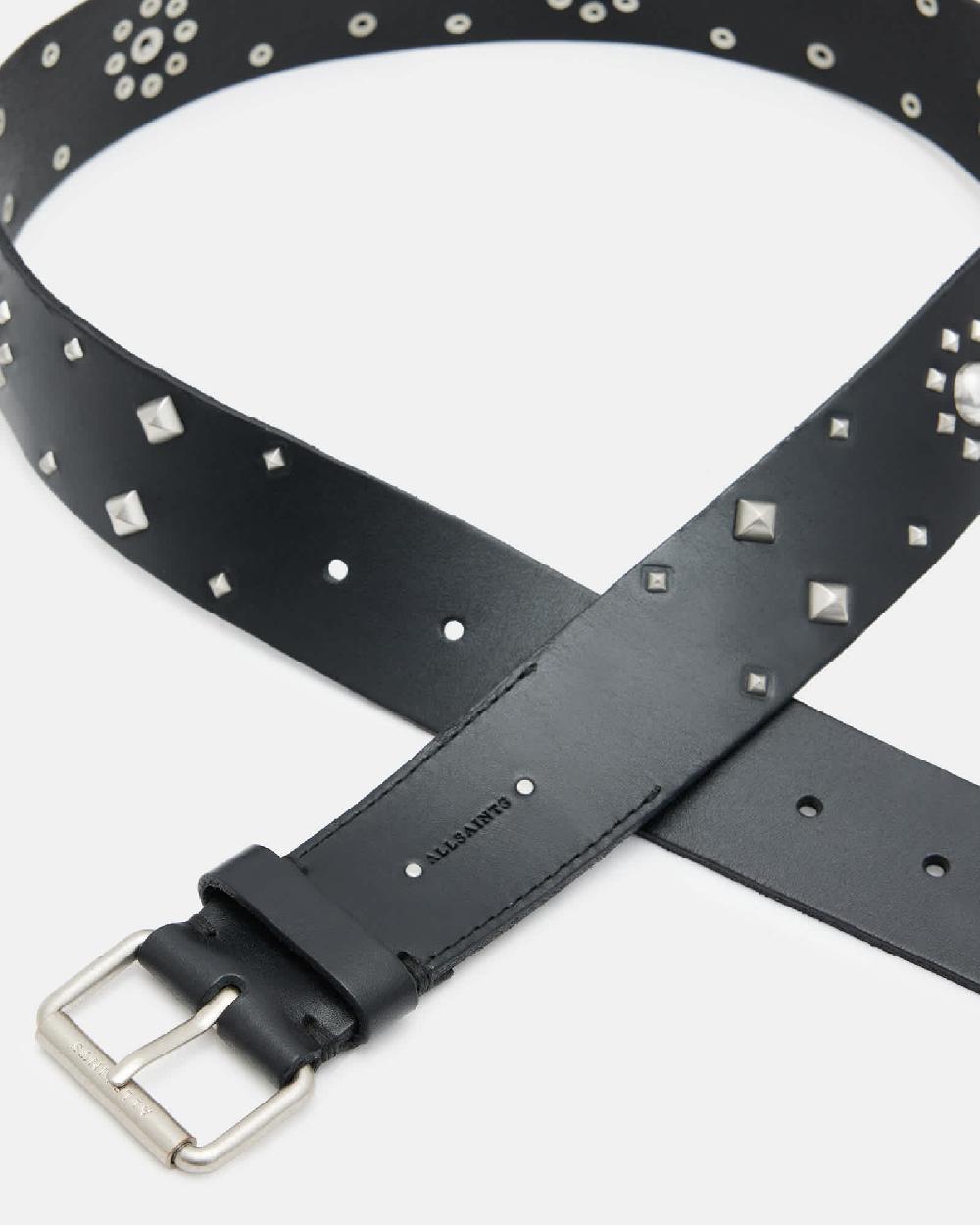 All Saints Rayen Studded Leather Belt BLACK/ANTQ NICKEL