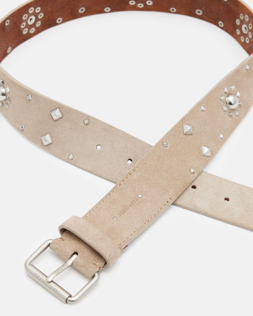 All Saints Rayen Studded Suede Belt STONE/ANTQ NICKEL