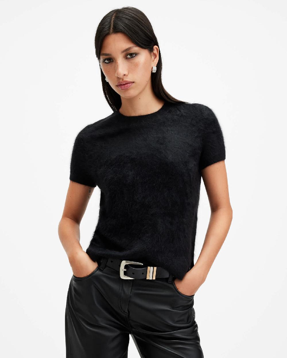 All Saints Rebel Brushed Cashmere Knitted T-Shirt Black