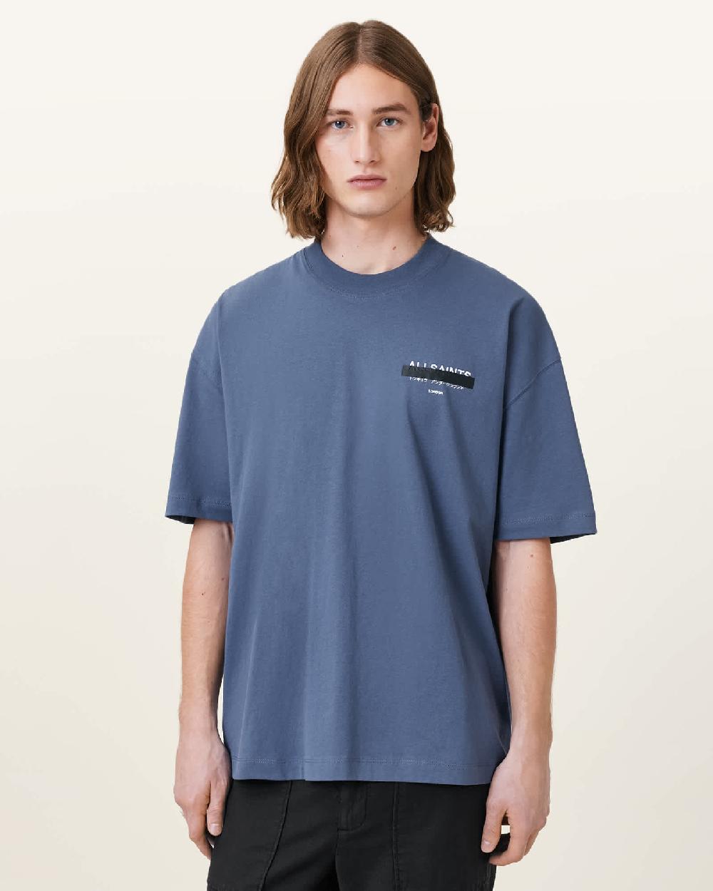 All Saints Redact Oversized Embroidered Logo T-Shirt Amalfi Blue