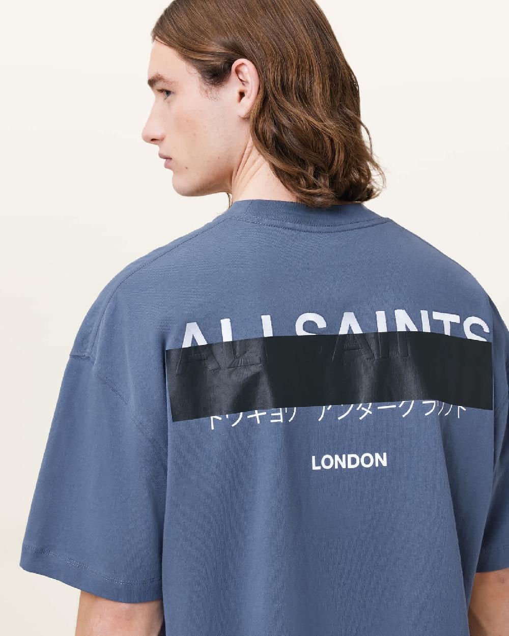 All Saints Redact Oversized Embroidered Logo T-Shirt Amalfi Blue