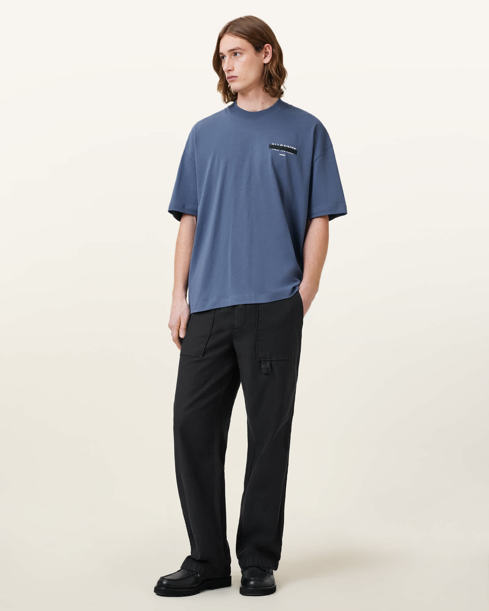 All Saints Redact Oversized Embroidered Logo T-Shirt Amalfi Blue