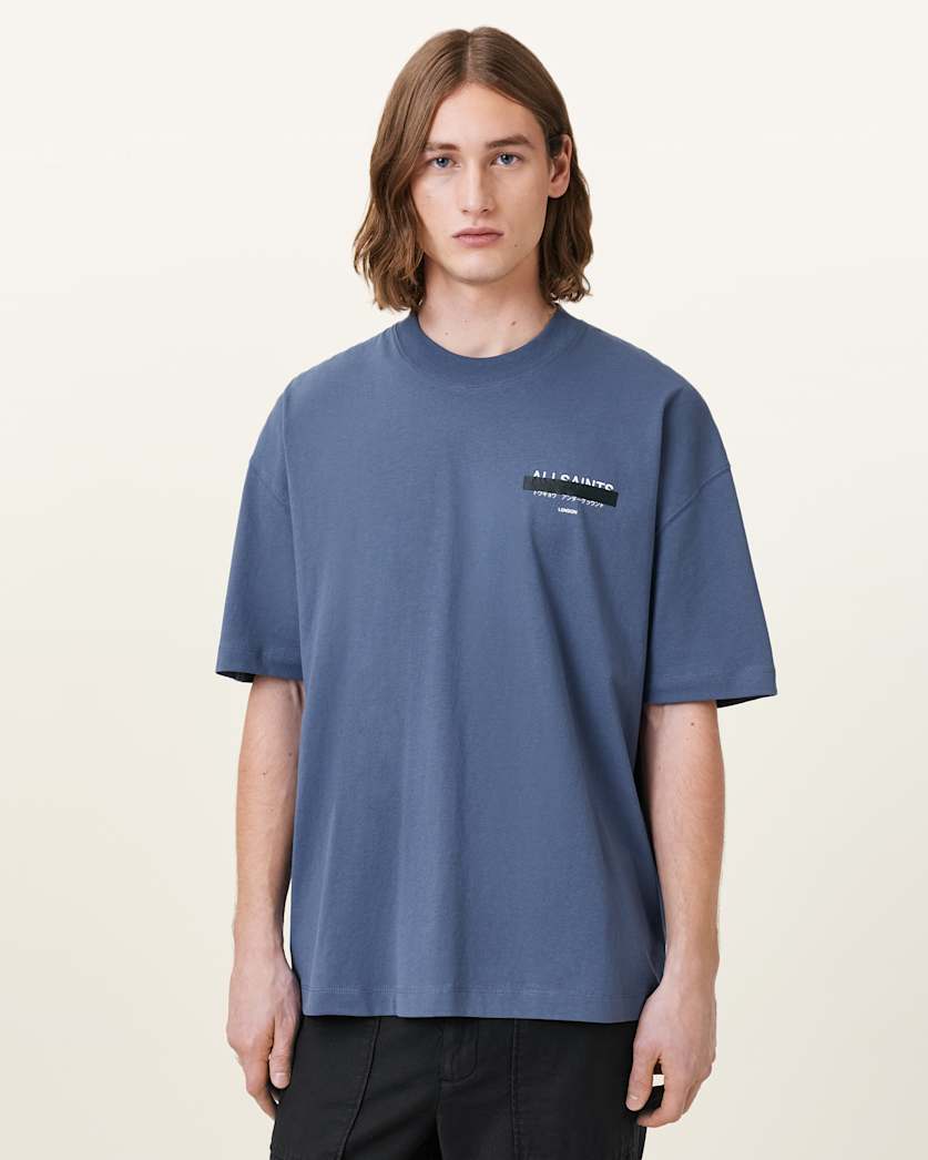 all saints Redact Oversized Embroidered Logo T-Shirt Amalfi Blue