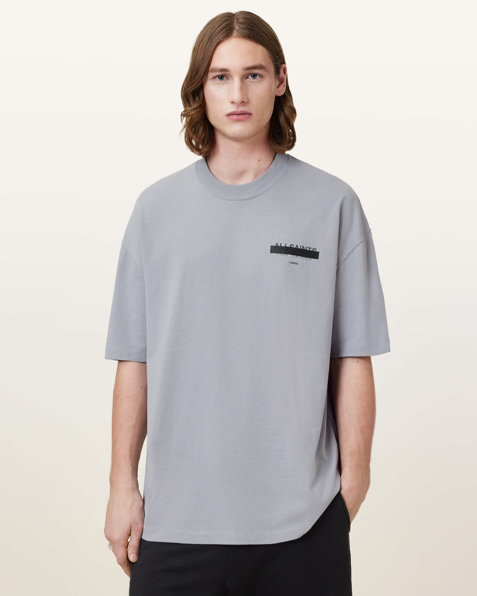 All Saints Redact Oversized Embroidered Logo T-Shirt Halfpipe Grey