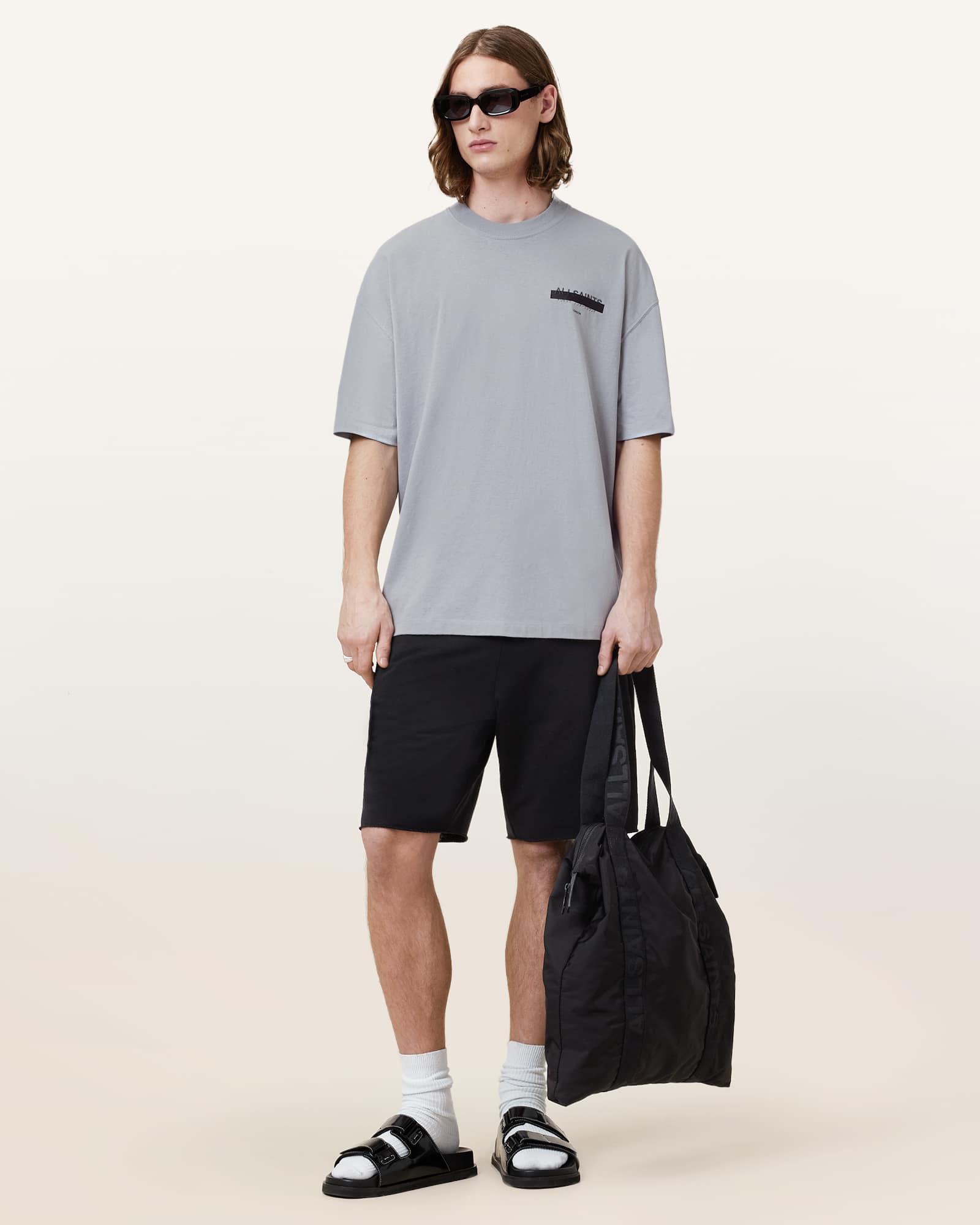 All Saints Redact Oversized Embroidered Logo T-Shirt Halfpipe Grey