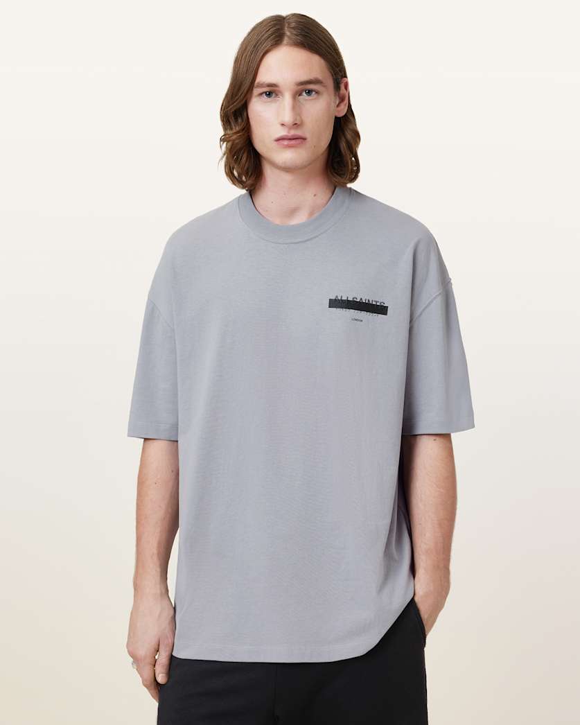 all saints Redact Oversized Embroidered Logo T-Shirt Halfpipe Grey