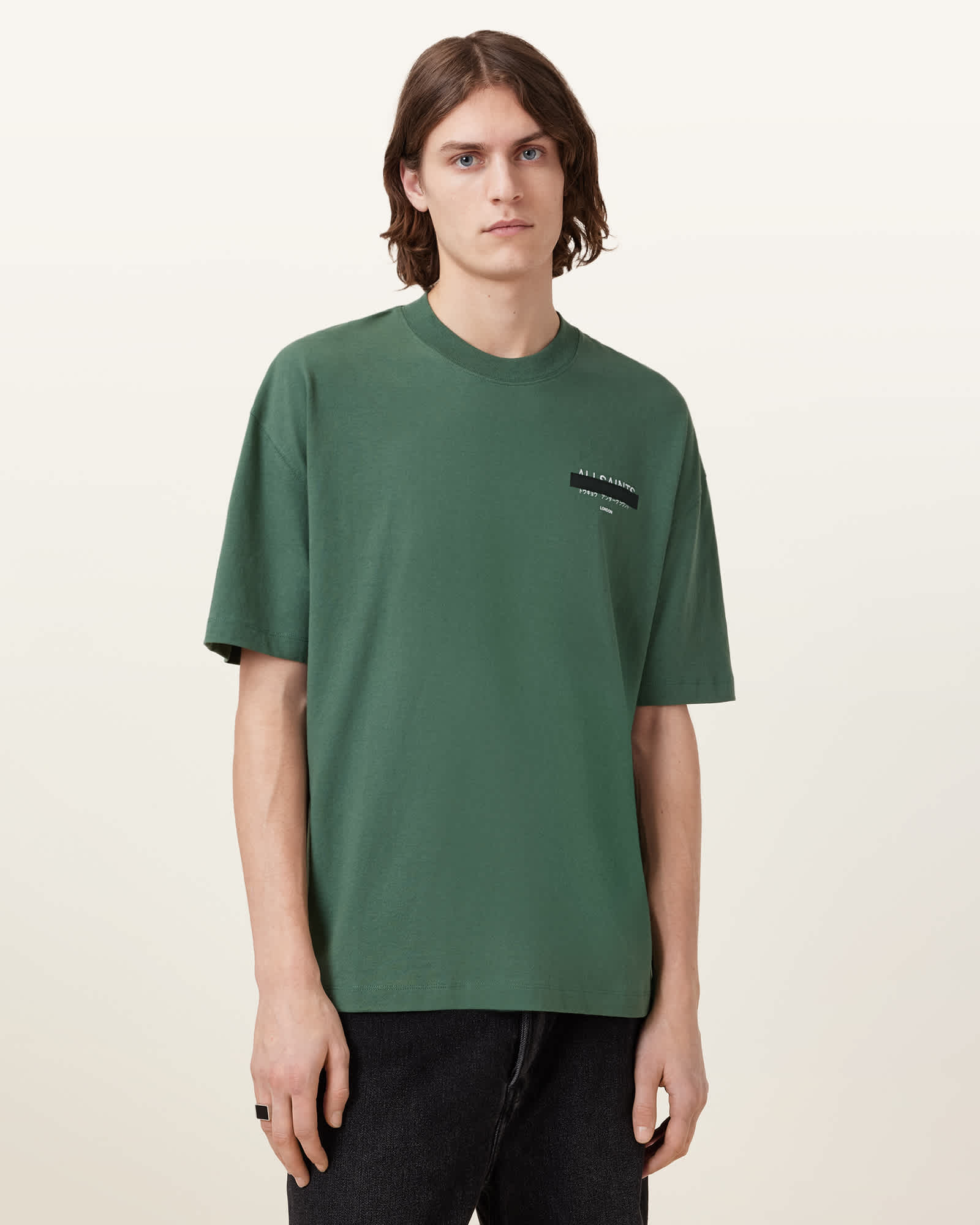All Saints Redact Oversized Embroidered Logo T-Shirt Milo Green