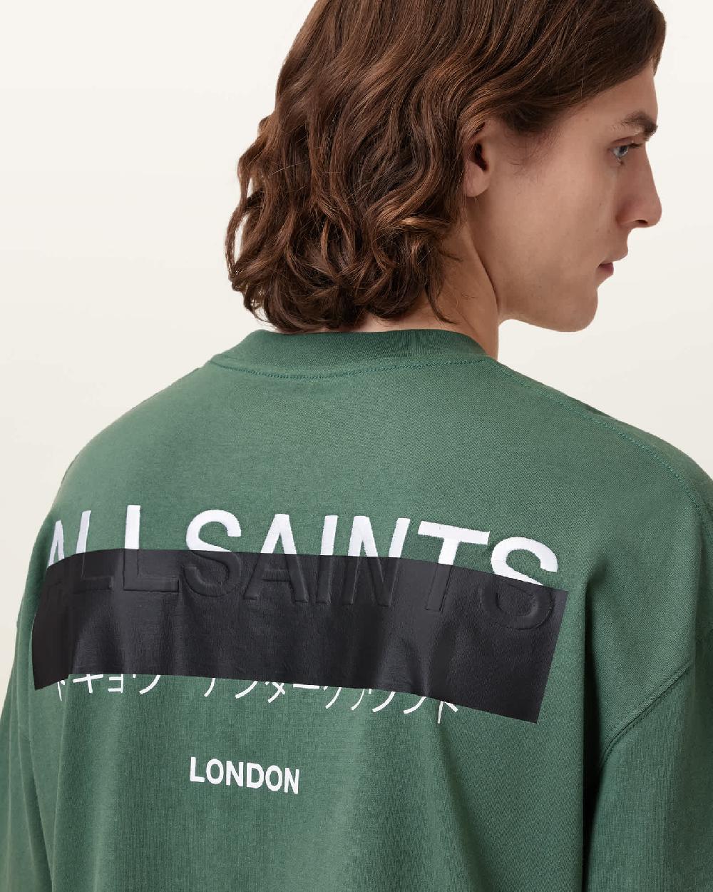 All Saints Redact Oversized Embroidered Logo T-Shirt Milo Green