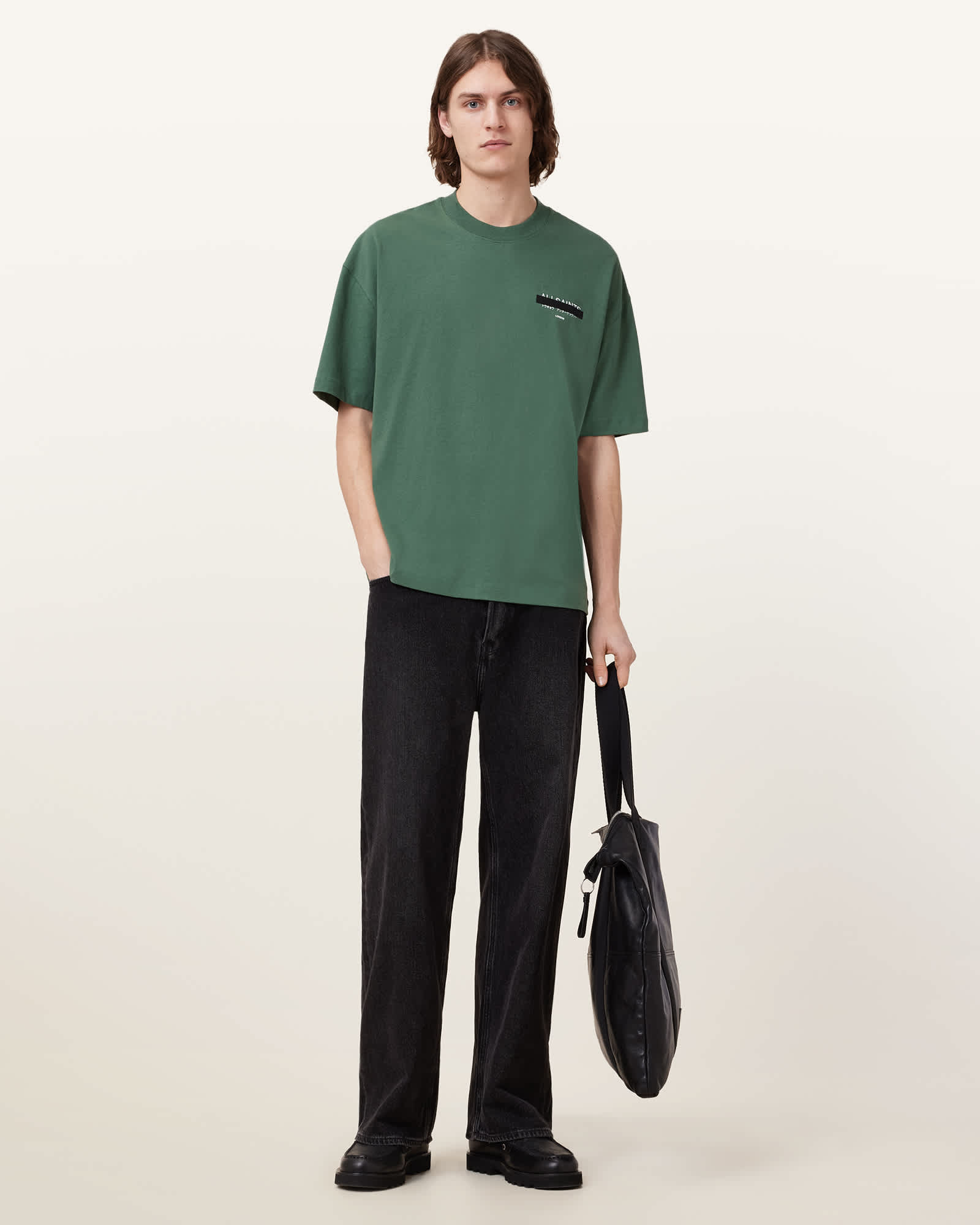 All Saints Redact Oversized Embroidered Logo T-Shirt Milo Green