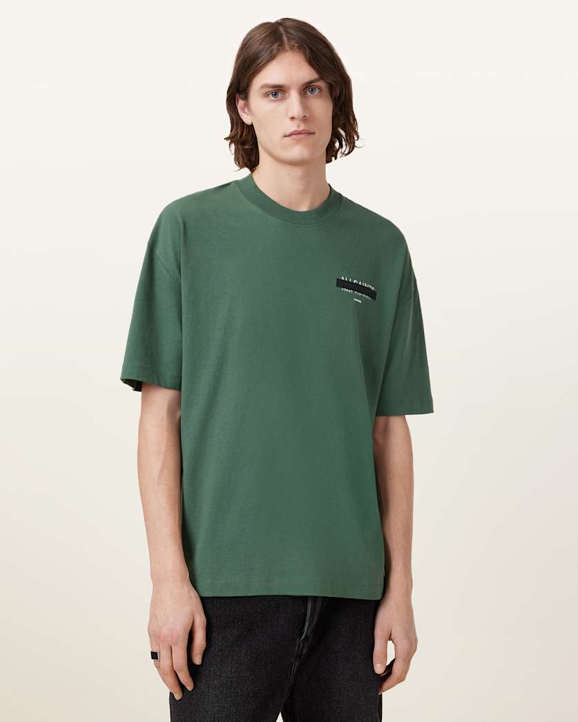 all saints Redact Oversized Embroidered Logo T-Shirt Milo Green