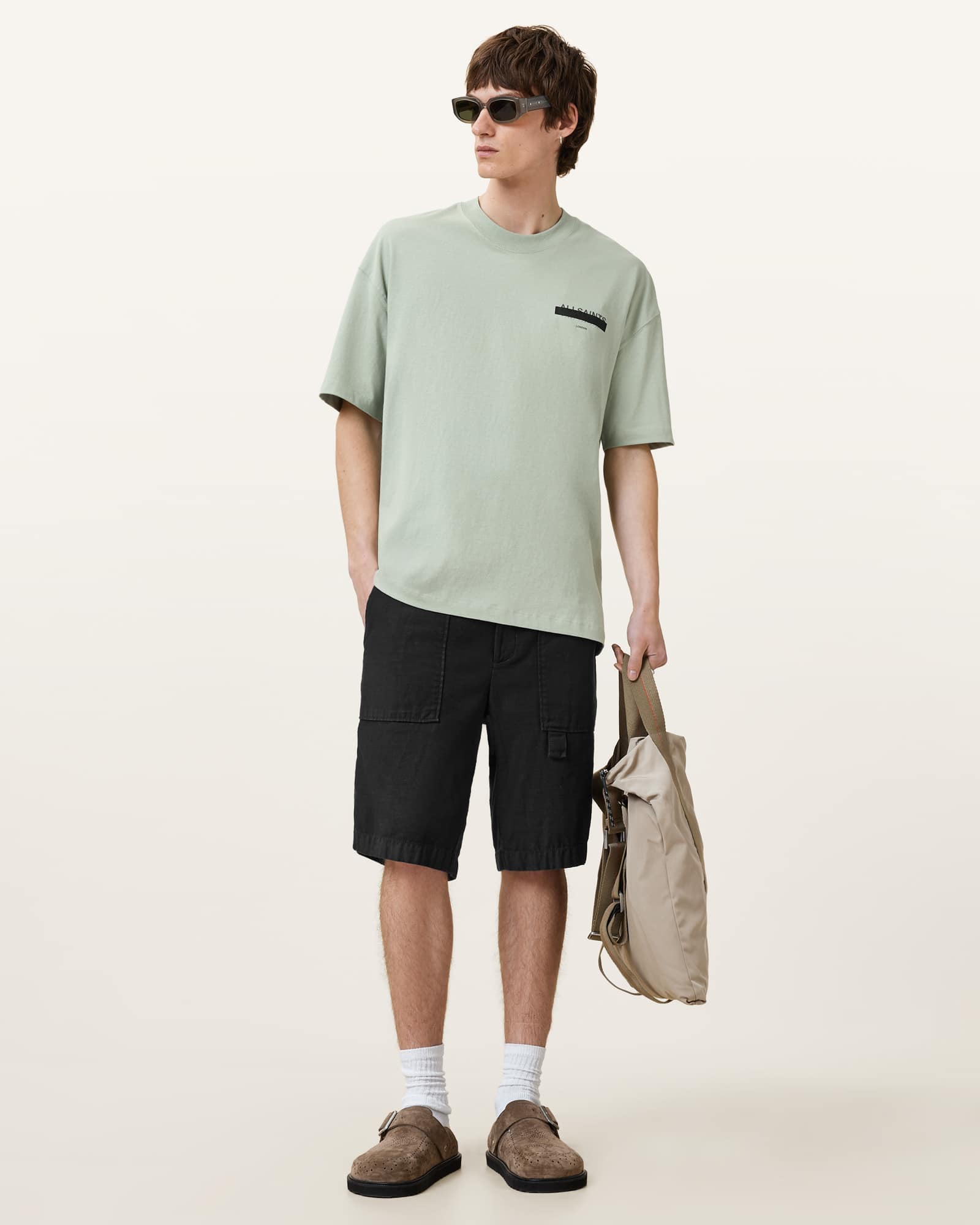 All Saints Redact Oversized Embroidered Logo T-Shirt Mineral Green