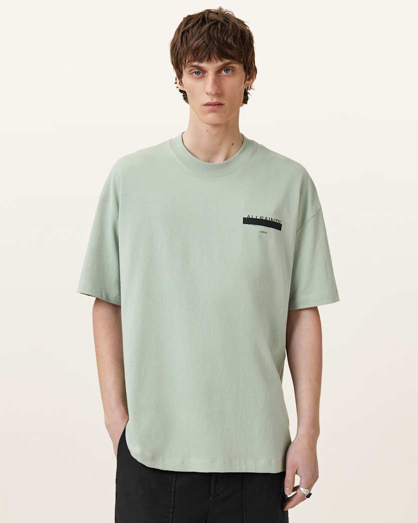 all saints Redact Oversized Embroidered Logo T-Shirt Mineral Green