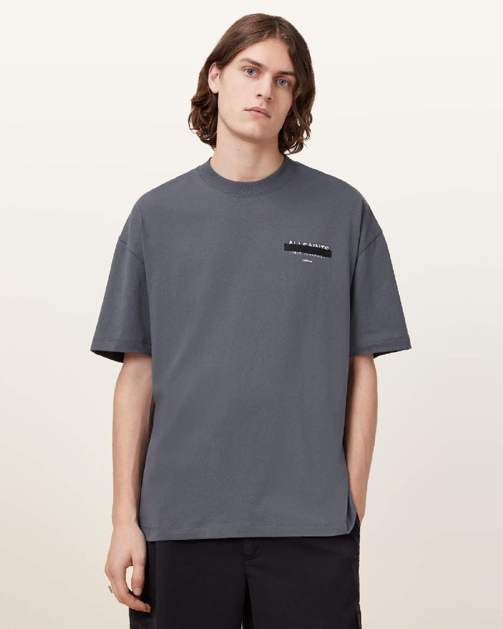 All Saints Redact Oversized Embroidered Logo T-Shirt Pitched Blue