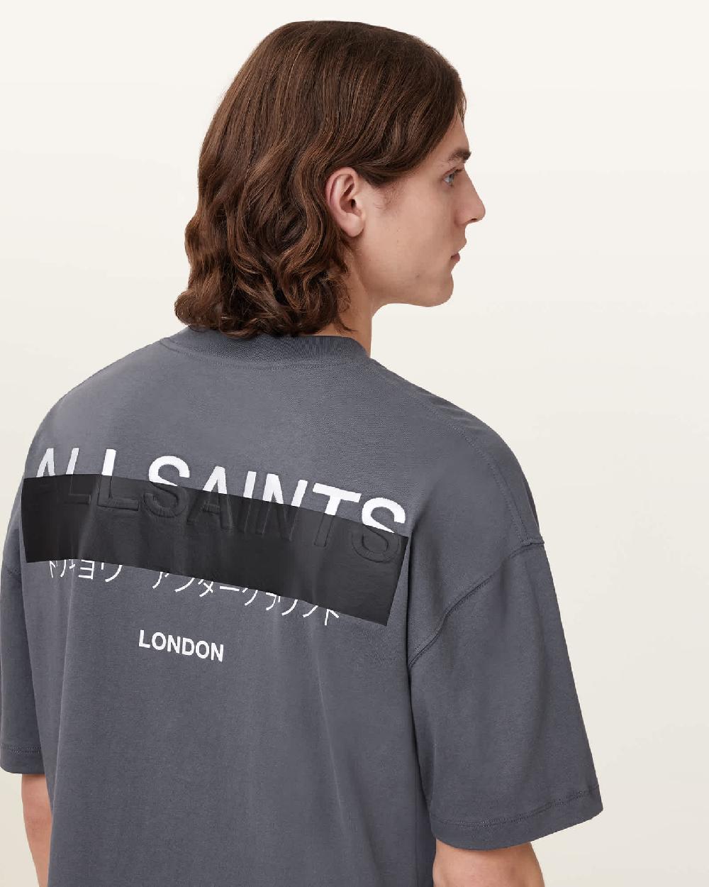 All Saints Redact Oversized Embroidered Logo T-Shirt Pitched Blue