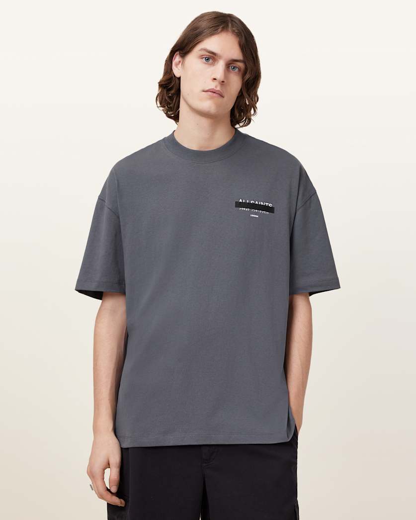 all saints Redact Oversized Embroidered Logo T-Shirt Pitched Blue