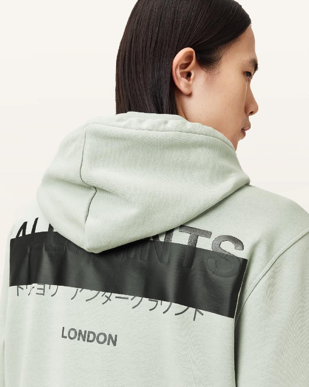 All Saints Redact Pullover Embroidered Logo Hoodie Mineral Green