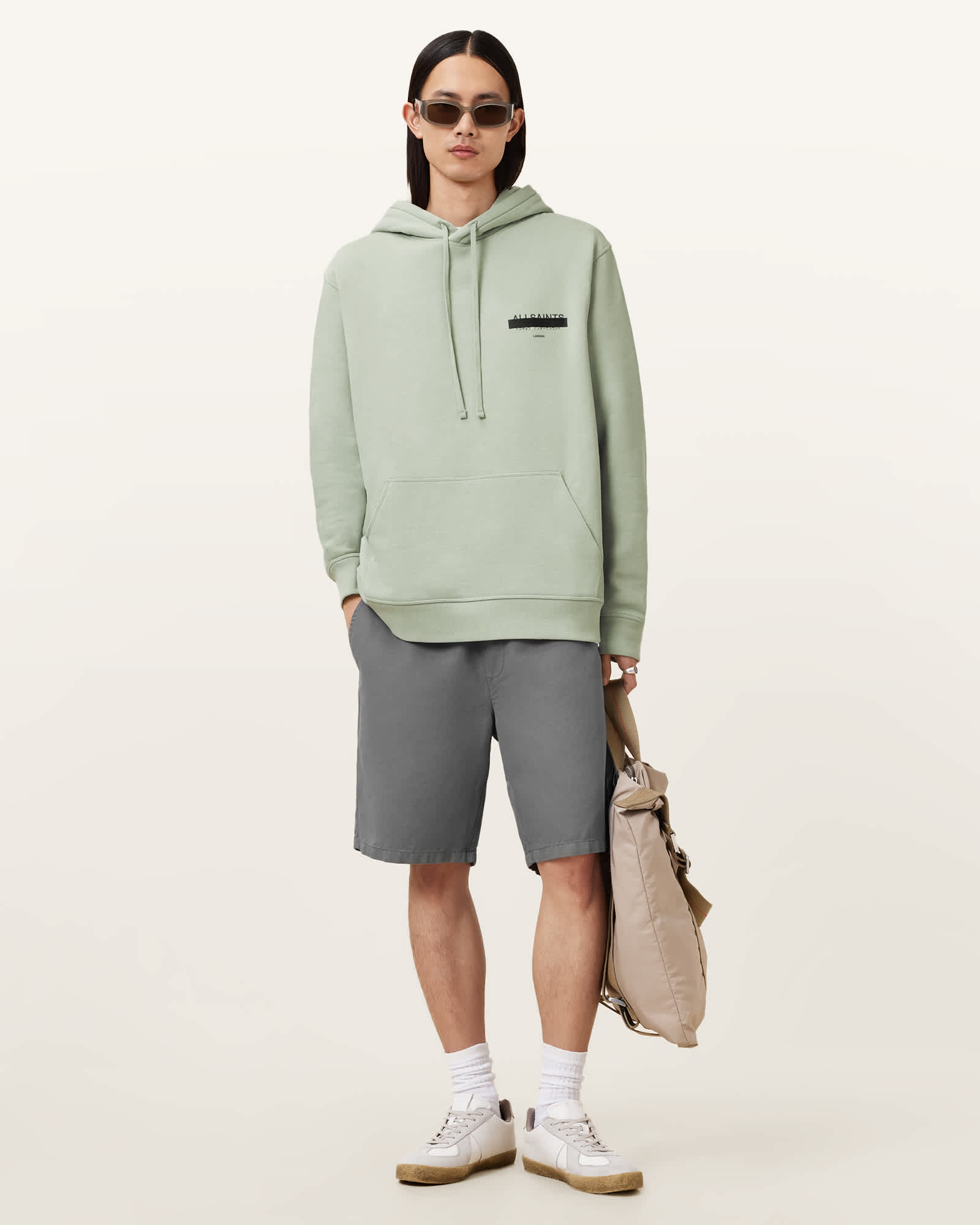All Saints Redact Pullover Embroidered Logo Hoodie Mineral Green