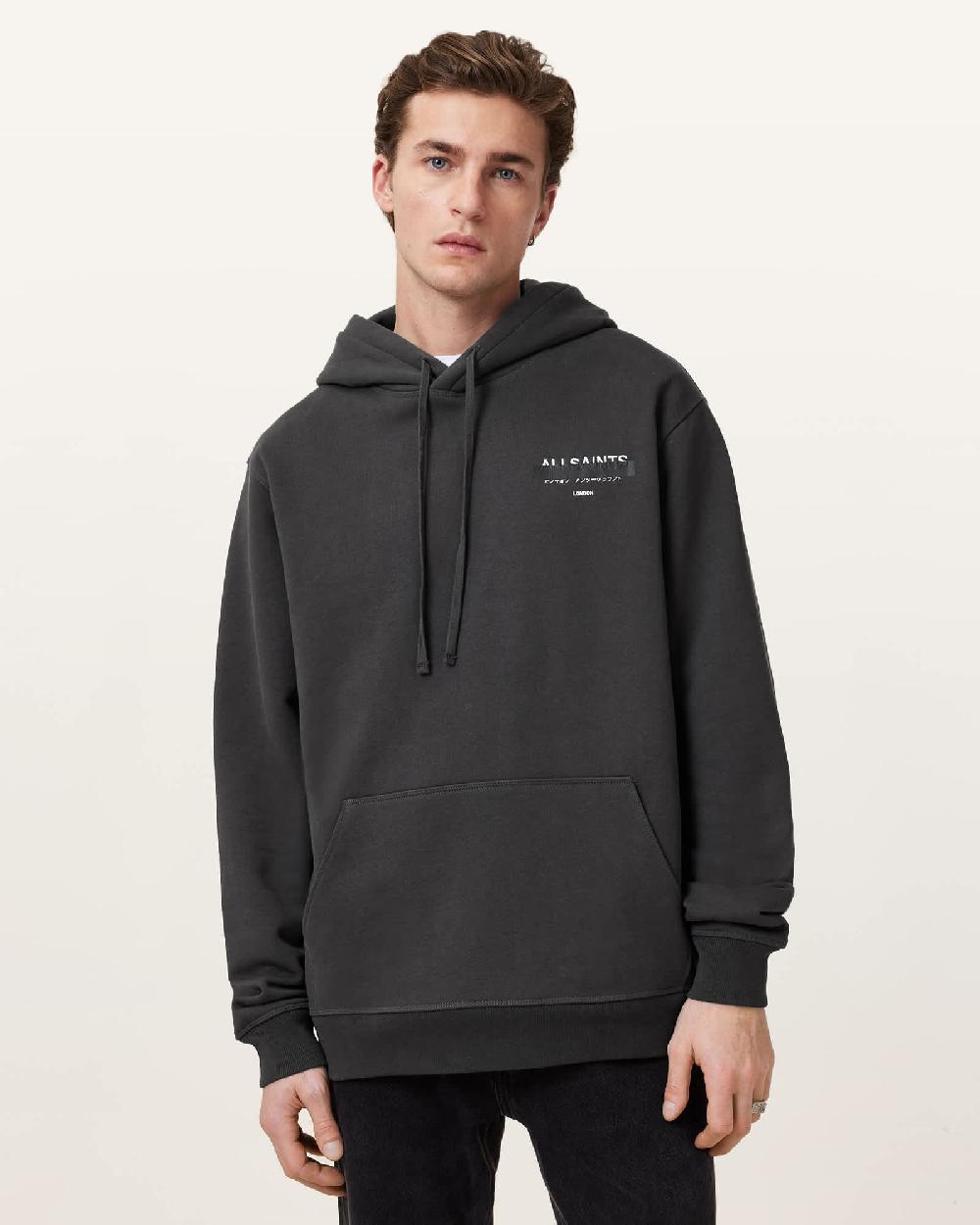 All Saints Redact Pullover Embroidered Logo Hoodie Washed Black