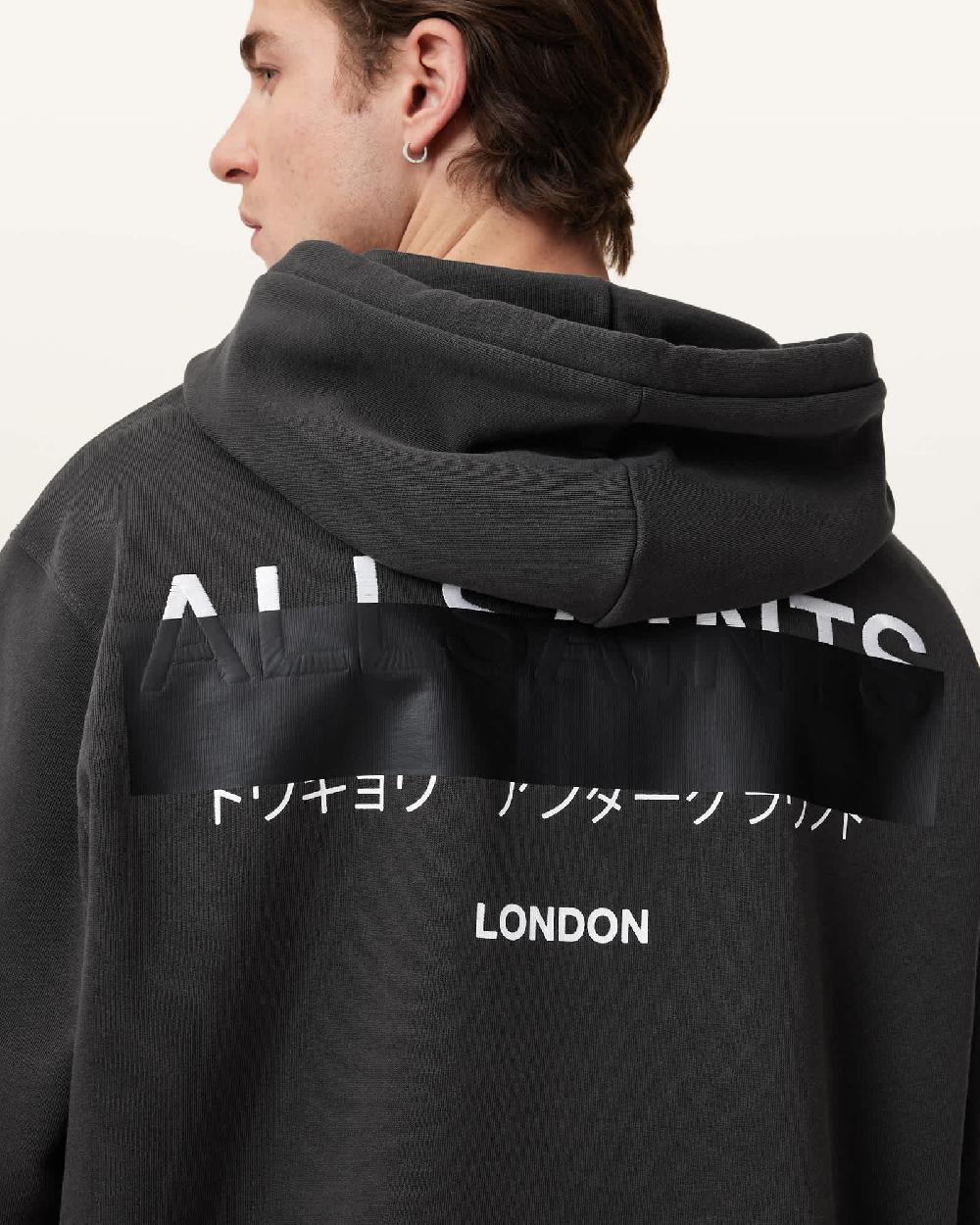 All Saints Redact Pullover Embroidered Logo Hoodie Washed Black